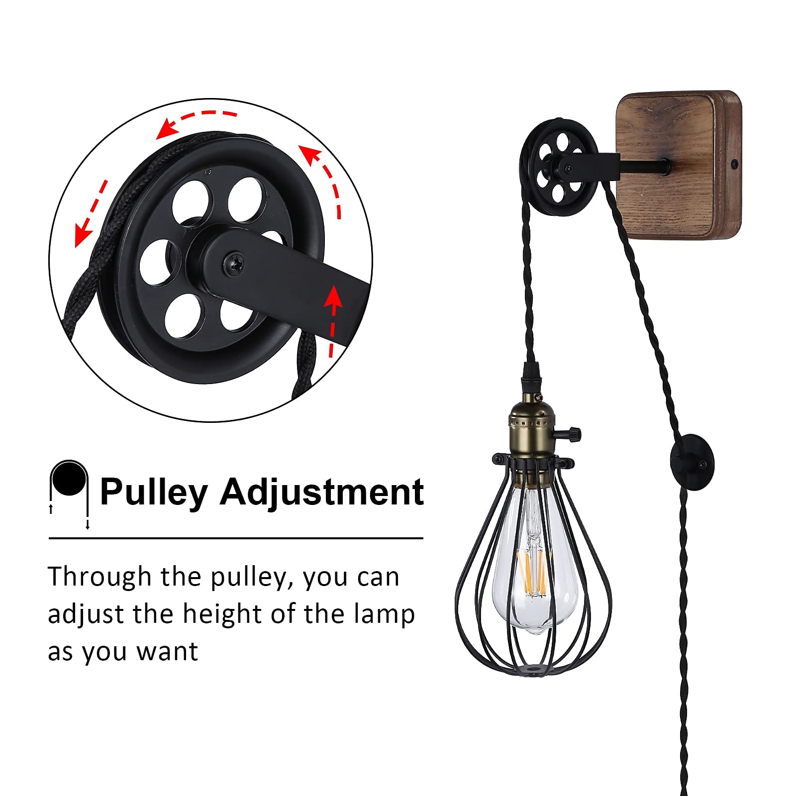 SUNLLOK Modern Industrial Rustic Plug in Cage Wall Lamp - Vintage Lift Pipe Pulley Wall Light with Switch - Retro Pendant Lamp Adjustable Wall Sconce