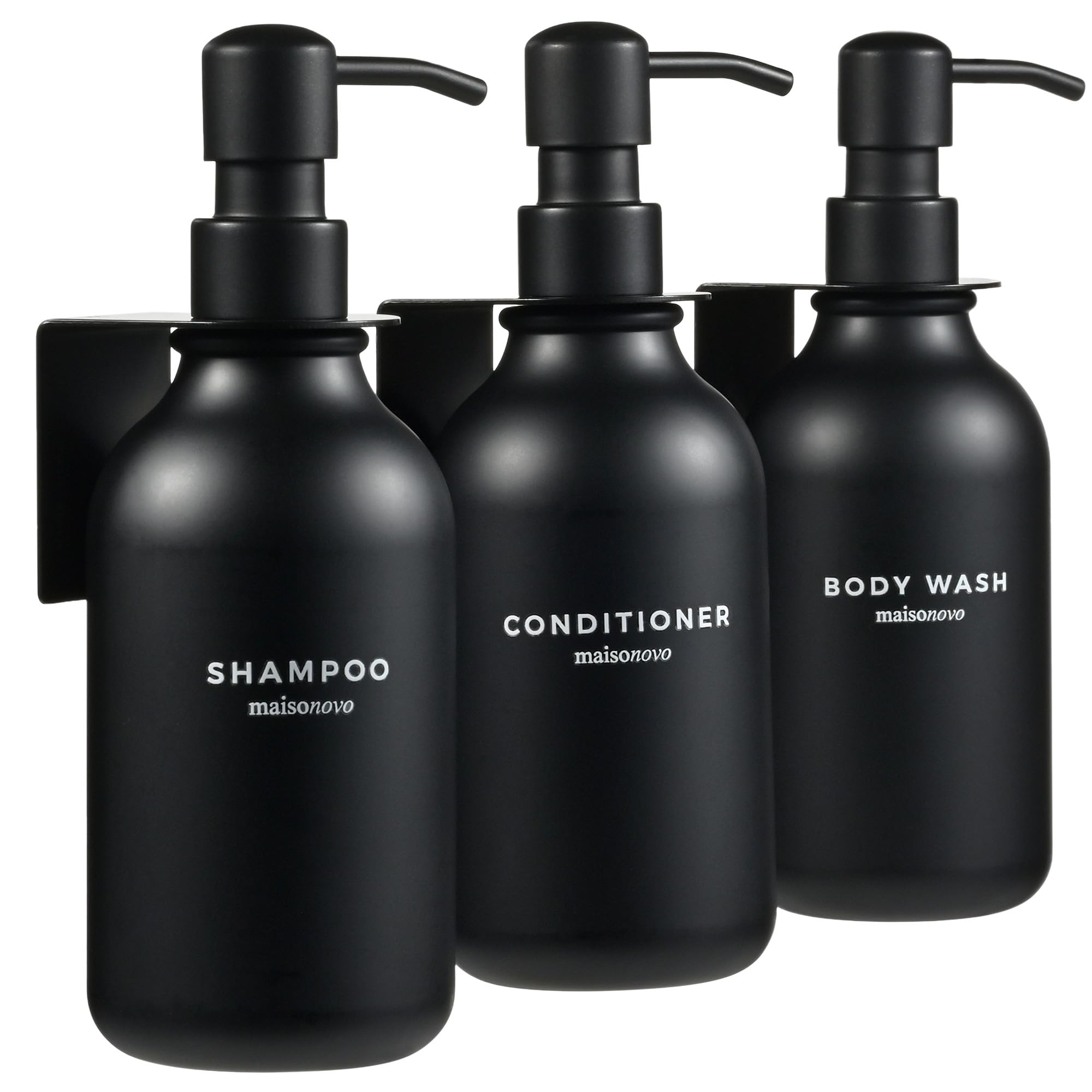 MaisoNovo Shampoo and Conditioner Dispenser - Set of 3 Shower Soap Dispensers Wall Mounted - 500ml Black Plastic Bottles with Black Pump - No Drill