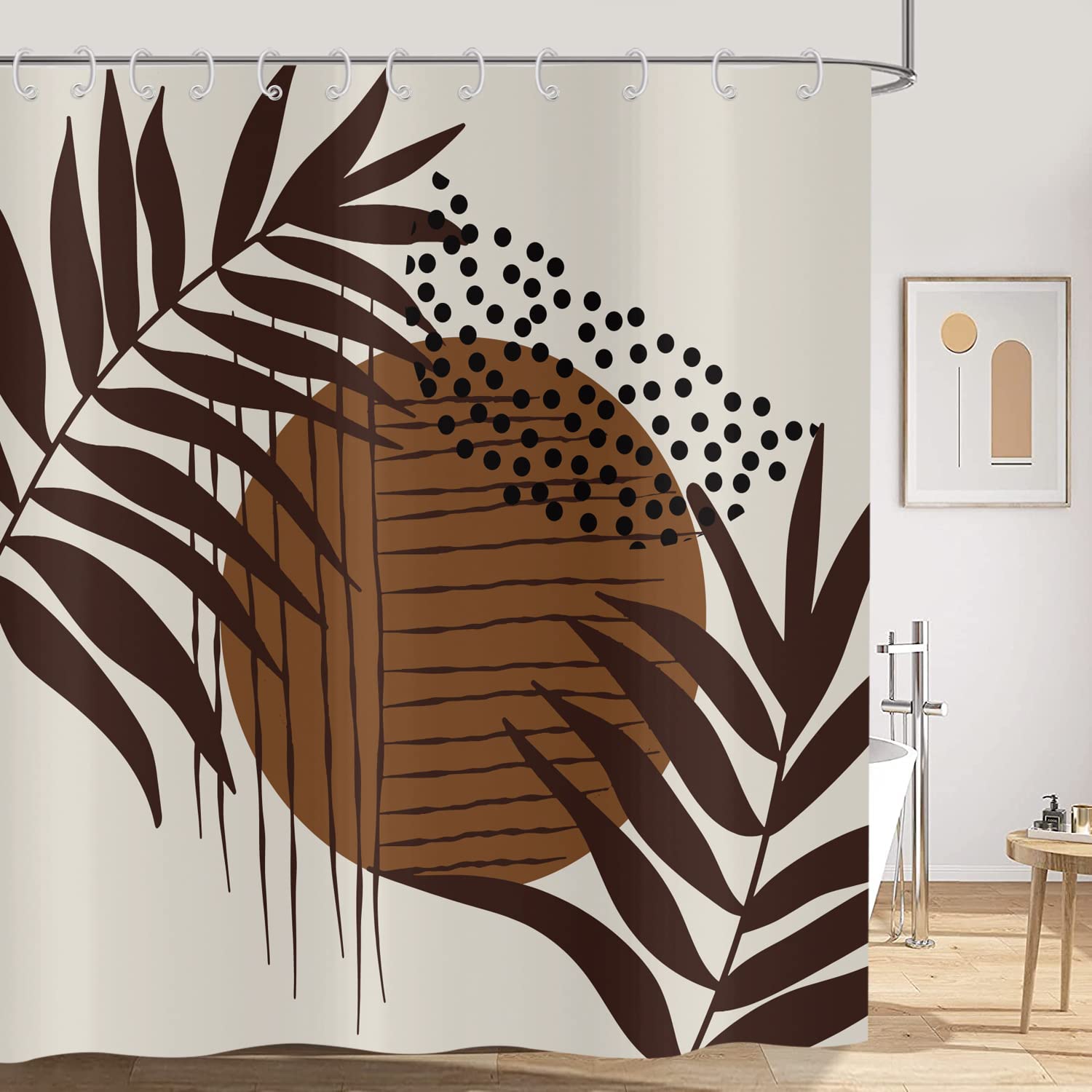 Hnmdmyi Boho Shower Curtain 180x180, Abstract Brown Leaf Shower Curtains Mid Century Modern Minimalistic Geometric Aesthetic Art Bathroom Curtains