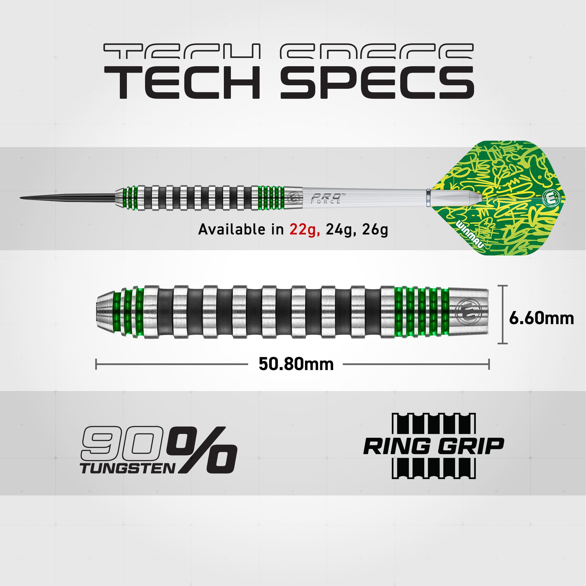 WINMAU Advance 500 Series Tungsten Green 22 Gram Steeltip Darts Set with Flights and Shafts (Stems)