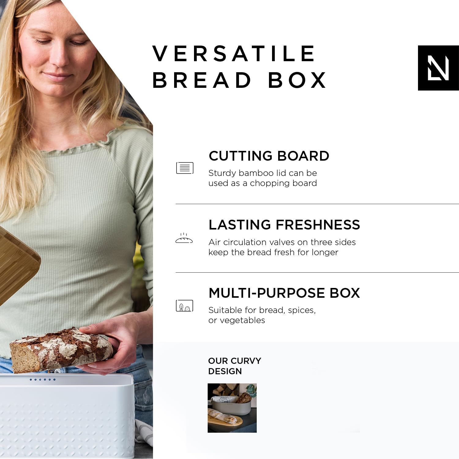 LARS NYSM Bread Bin I Metal bread box with linen bread bag for long lasting freshness I Bread bin with bamboo lid usable as cutting board I
