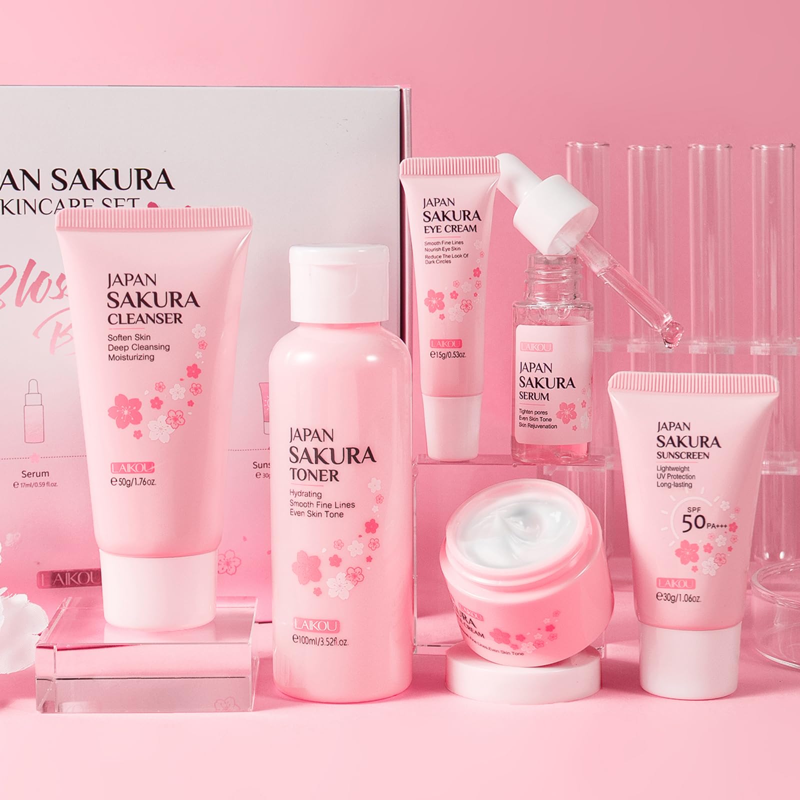 LAIKOU Skincare Gift Set for Teenage Girls, JAPAN SAKURA Skin Care Sets & Kits Gift Set for Women with Cleanser,Toner,Serum,Eye Cream,Face