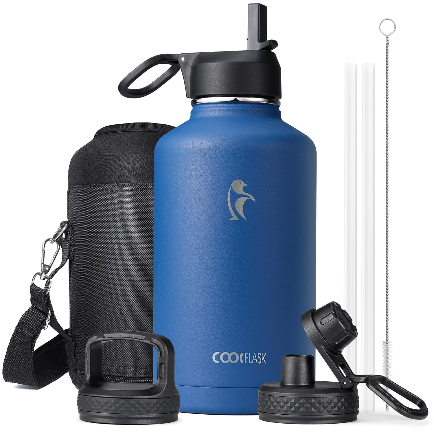Coolflask Insulated Water Bottle 2L - 3 Lids with Straw & Spout & Handle, Leakproof Vacuum Stainless Steel Water Bottle for Sports, Travel, Gym, 48H