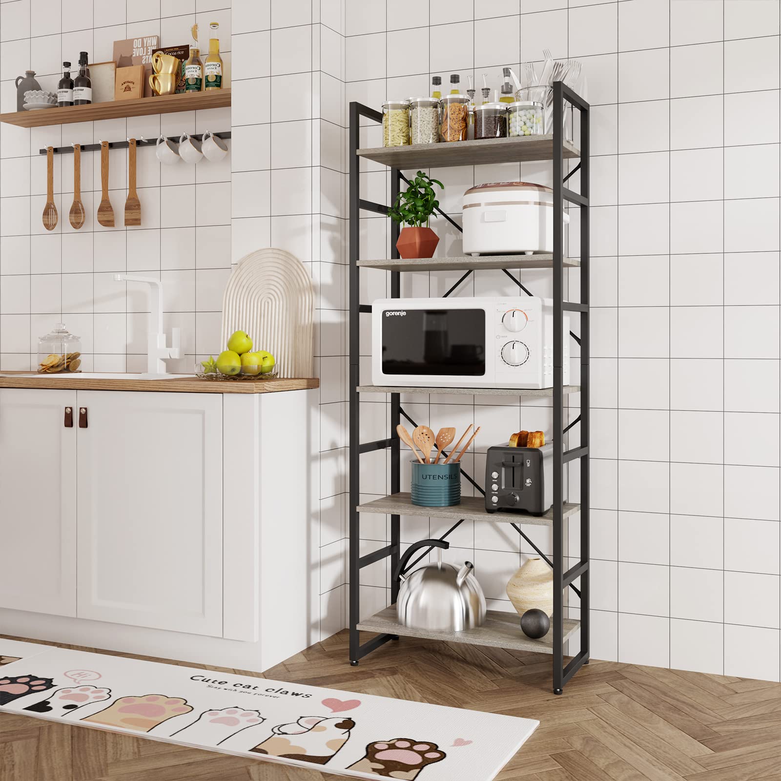 TREETALK 5 Tier Bookshelf, Standing Bookcase with 2 X-shape Frame,Adjustable Leg pads, Industrial Storage Rack for Office, Living Room (Grey)