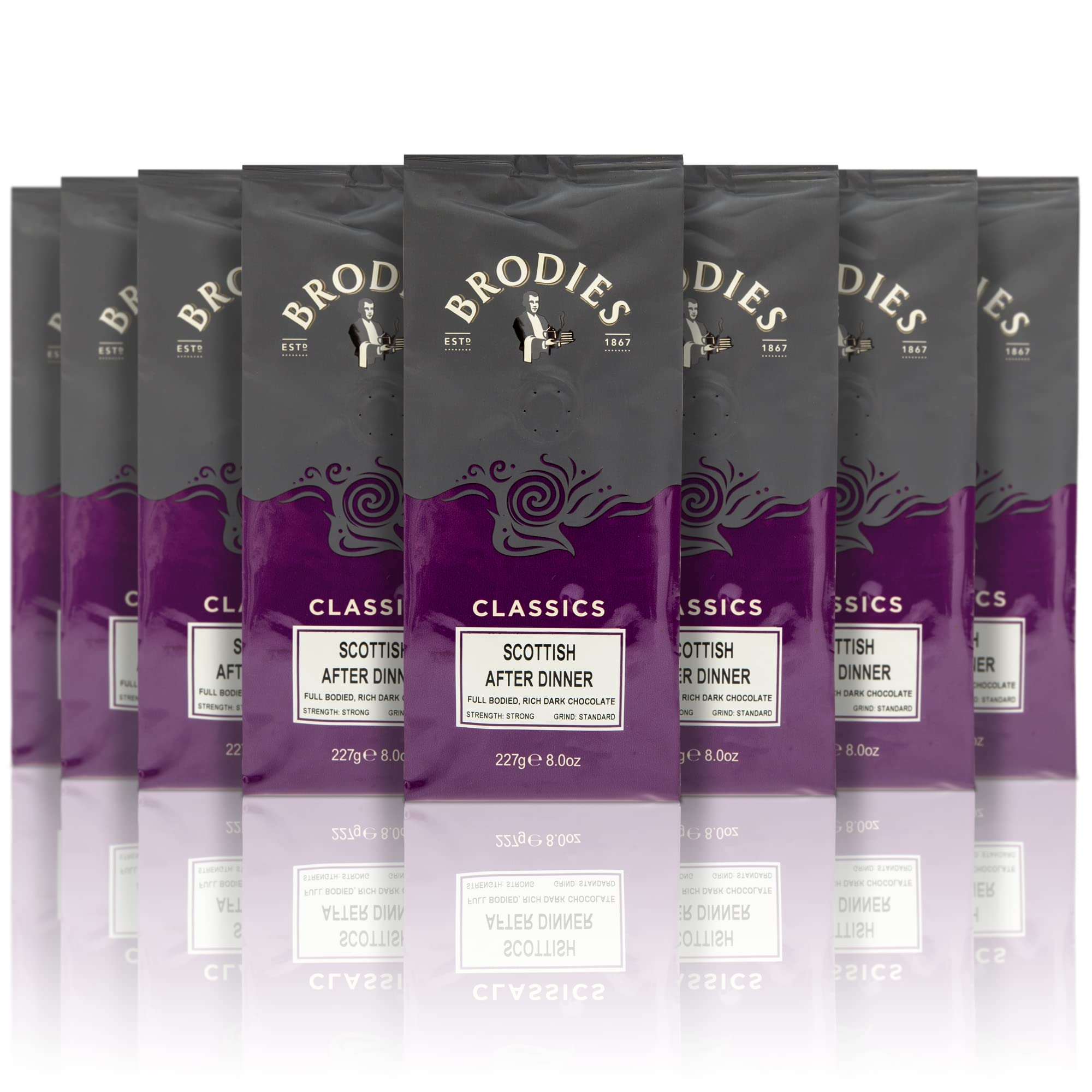 Brodies Classics Artisan Ground Coffee - Scottish After Dinner 100% Arabica full Bodied, rich dark Chocolate, strong Strength, standard Grind, Hand