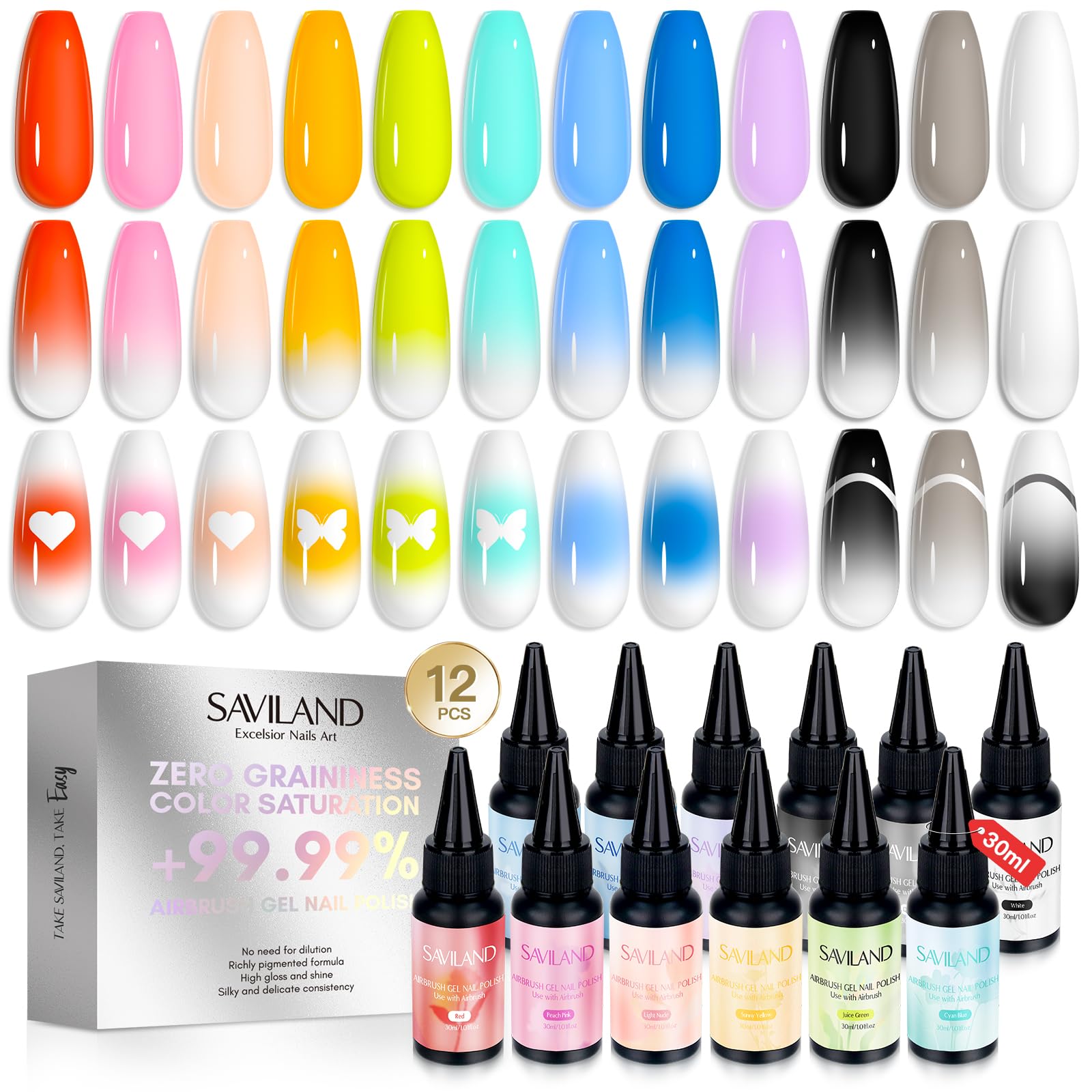 SAVILAND Airbrush Gel Nail Polish Set: Dilution-free 12 Colors 30ml Cool & Warm Colors Airbrush Stencils Airbrush Gel Polish for French Nail Art