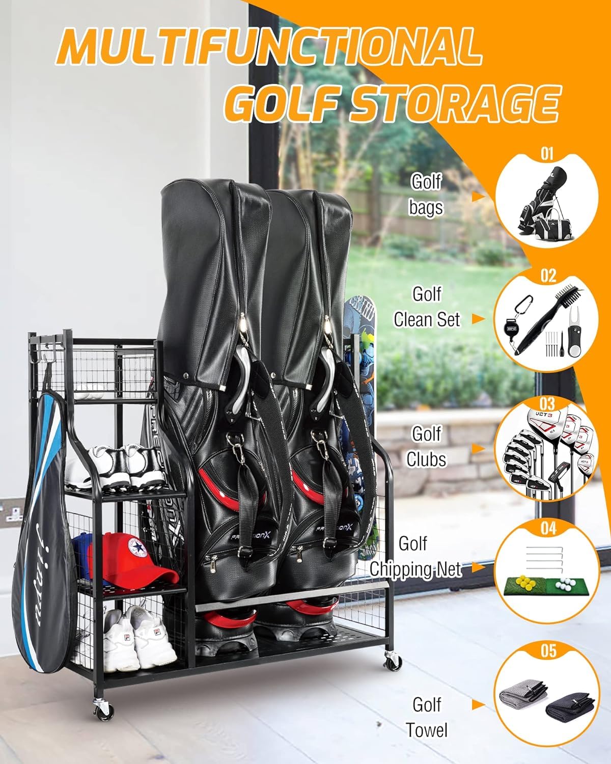 TEKXDD Golf Storage Rack Golf Bag Stand Storage Rack,Golf Club Organisers Extra Large,Golf Bag Organiser with Wheels