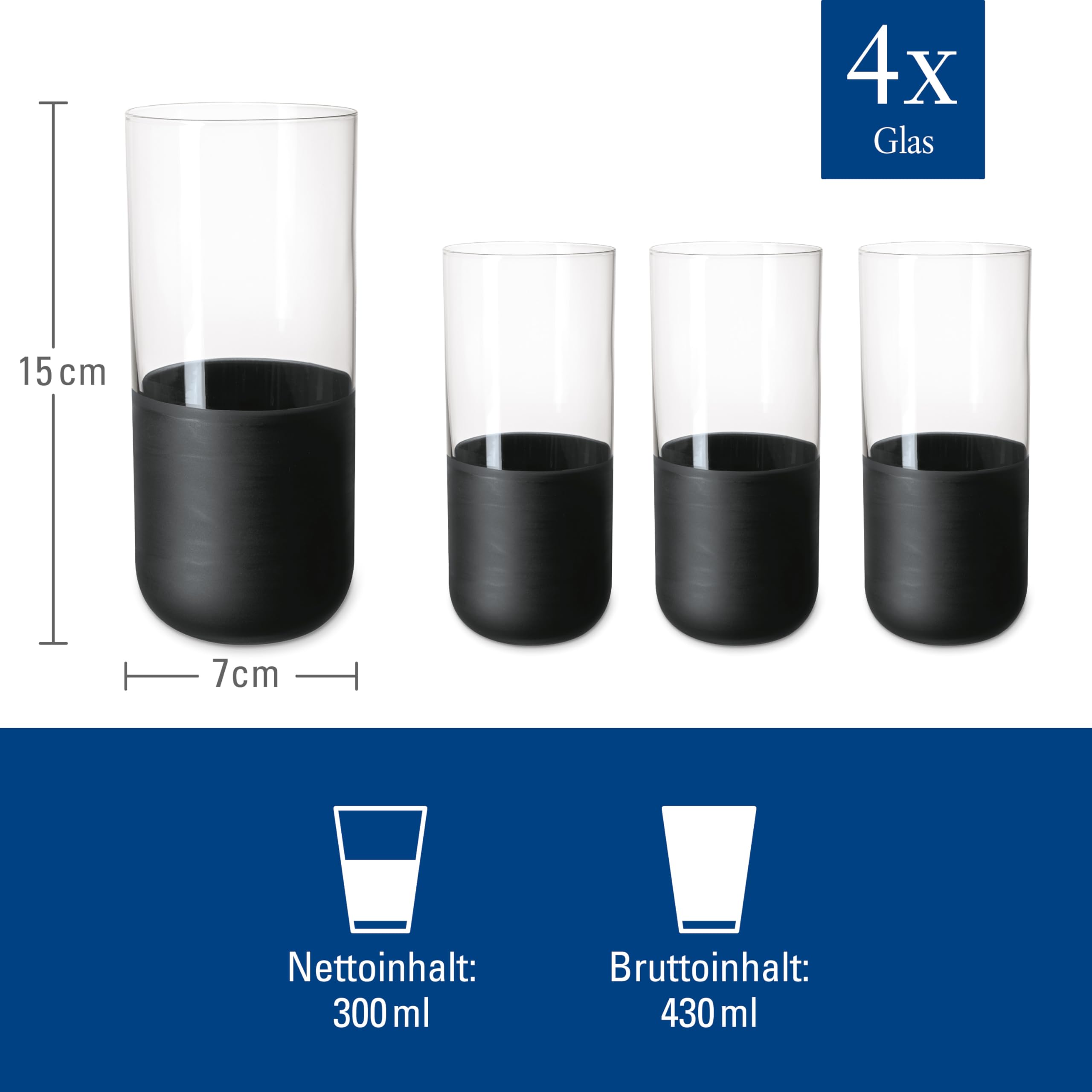 Villeroy & Boch Manufacture Rock Long Drink Glass Set, 4 pces, Crystal Glass with matt Black Base, Capacity 300 ml