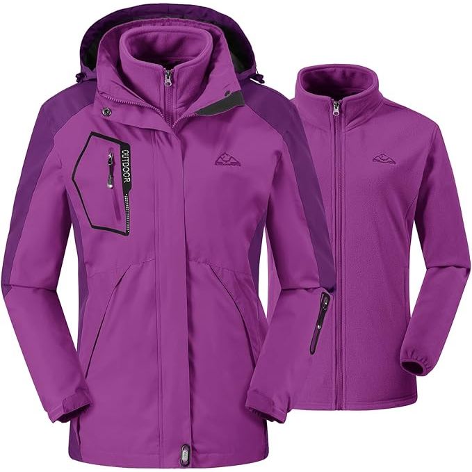 Women's Winter Ski Coat Jacket 3-in-1 Waterproof, Windproof, Warm, Purple Size S