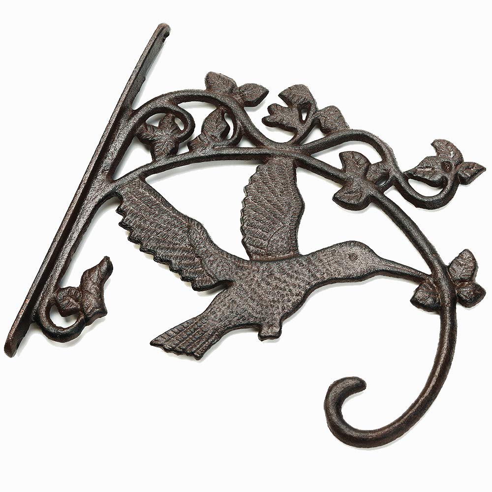 Sungmor Cast Iron Plant Hanger Wall Hooks - Heavy Duty Hanging Basket Brackets - Hummingbird Shape & 26.5CM & 2PC Brown - Decorative Wall Hangers for