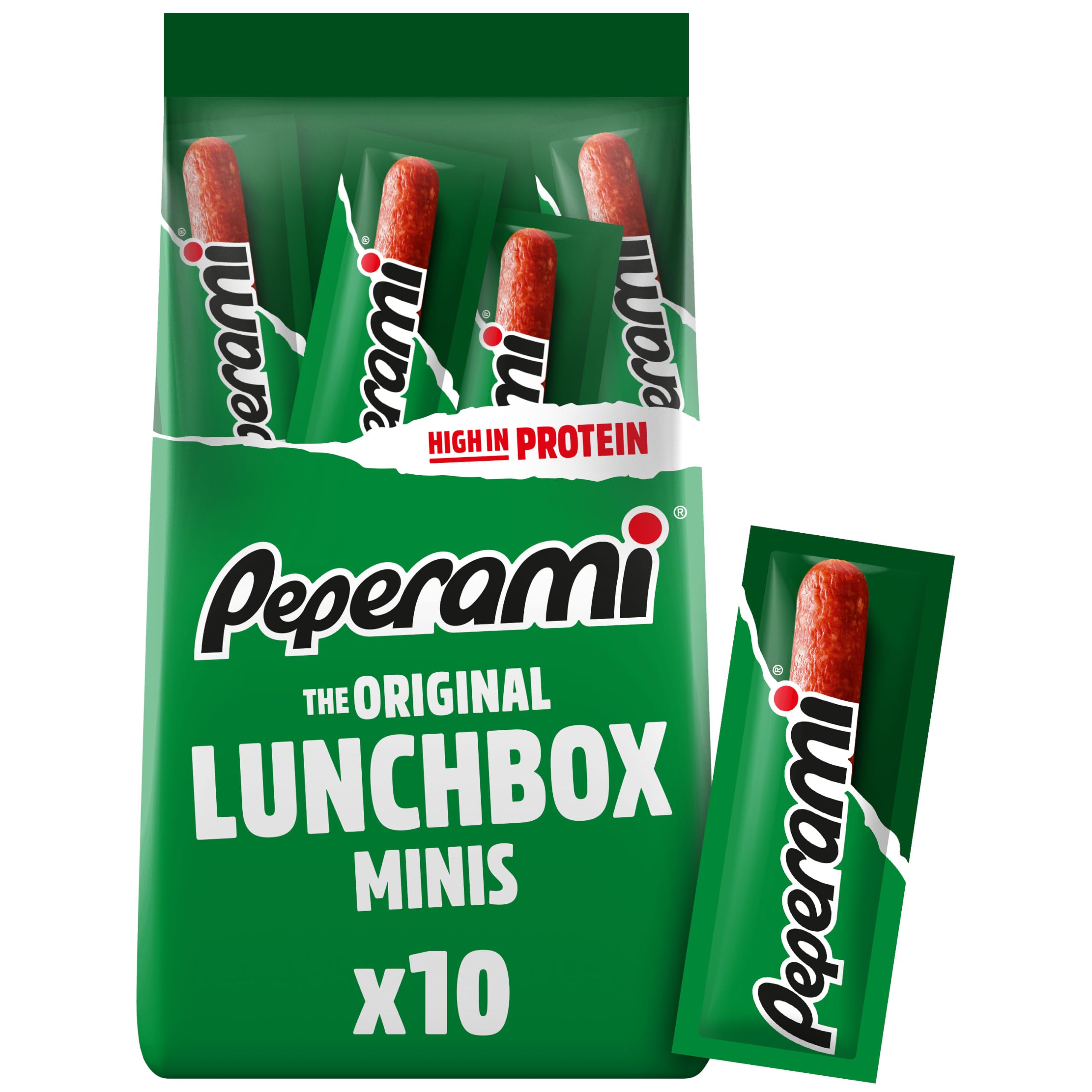 PEPERAMI Original Mini, 10 Pack, 10 x 100 g, Smoked pork salami sausage, made with 100% pork with protein kick, for on the go, the office, and lunch