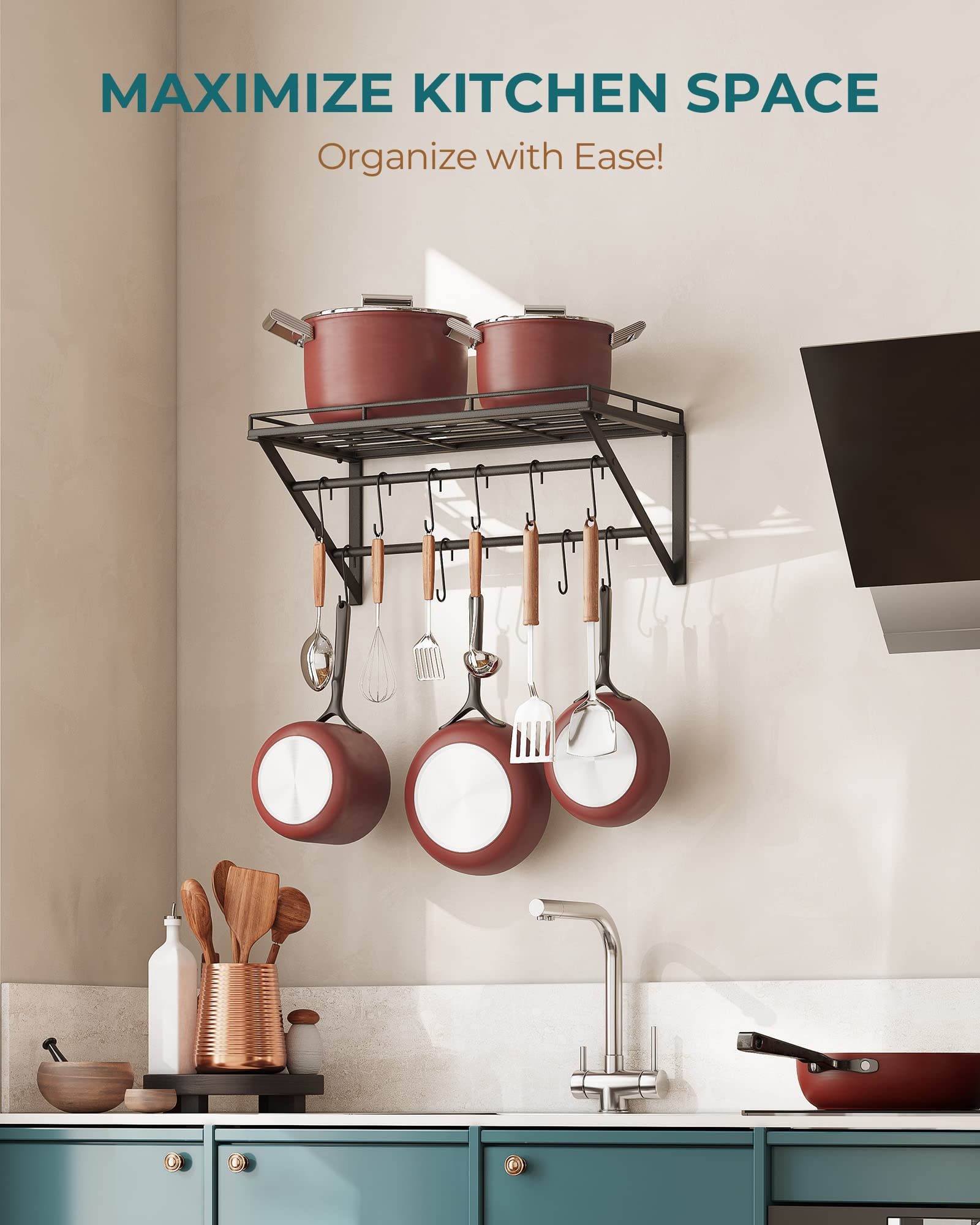 OROPY Wall Mount Pot Pan Racks, Saucepan Hanging Rack, Kitchen Utensils Hanging Shelf with 2 Rails, 12 Hooks, 60cm