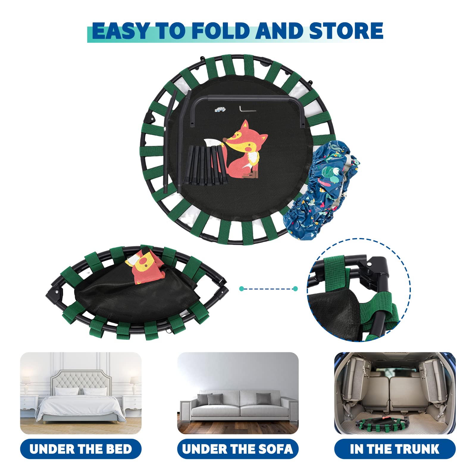 38'' Kids Mini Trampoline Foldable Fitness Body Exercise Rebounder with Foam Handle Safety Padded Cover Round Trampoline Folding Bungee Indoor Outdoor
