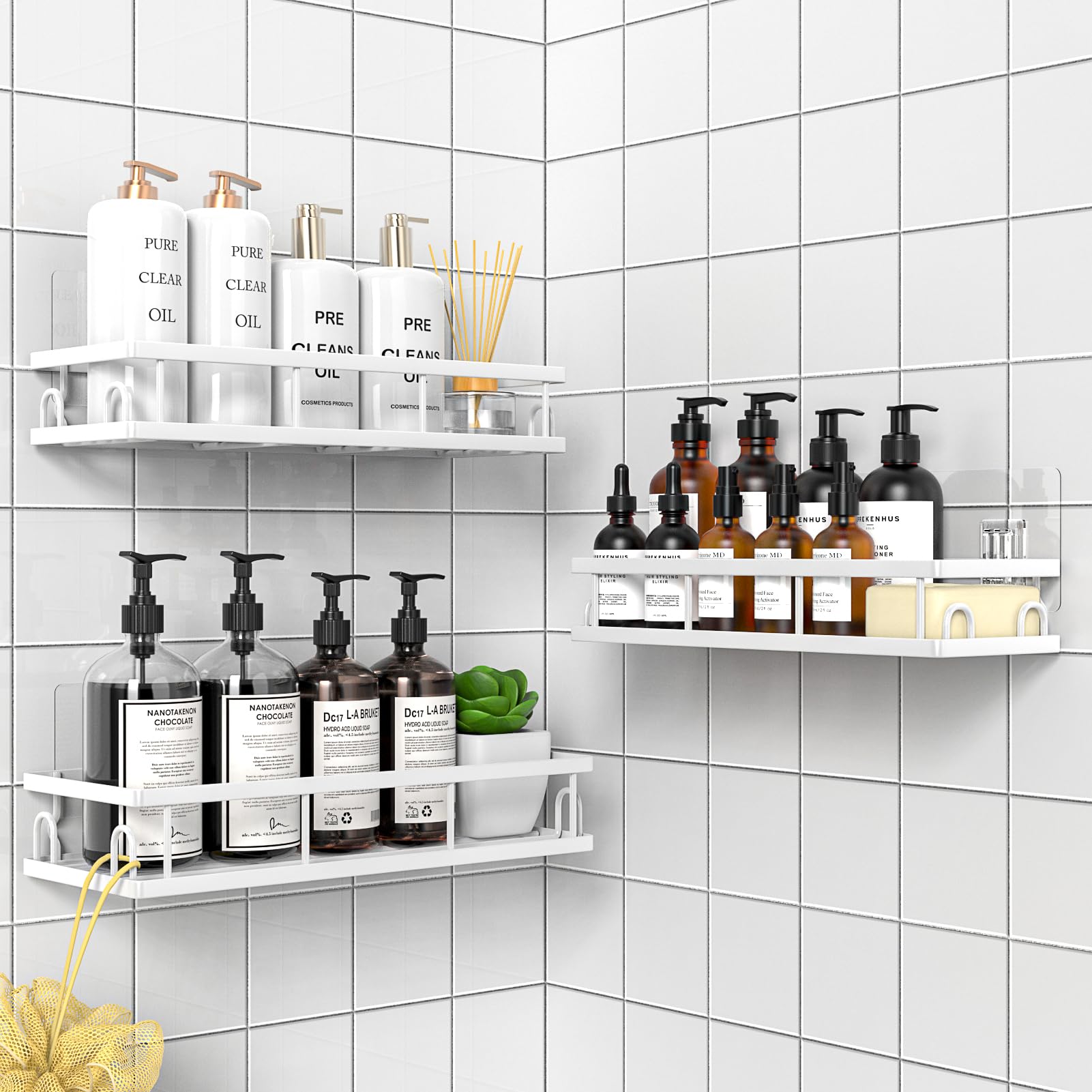 UUlioyer Shower Caddy, Shower Shelf No Drilling, Bathroom Accessory- Bath Storage for Shampoo (White-3 Pack)