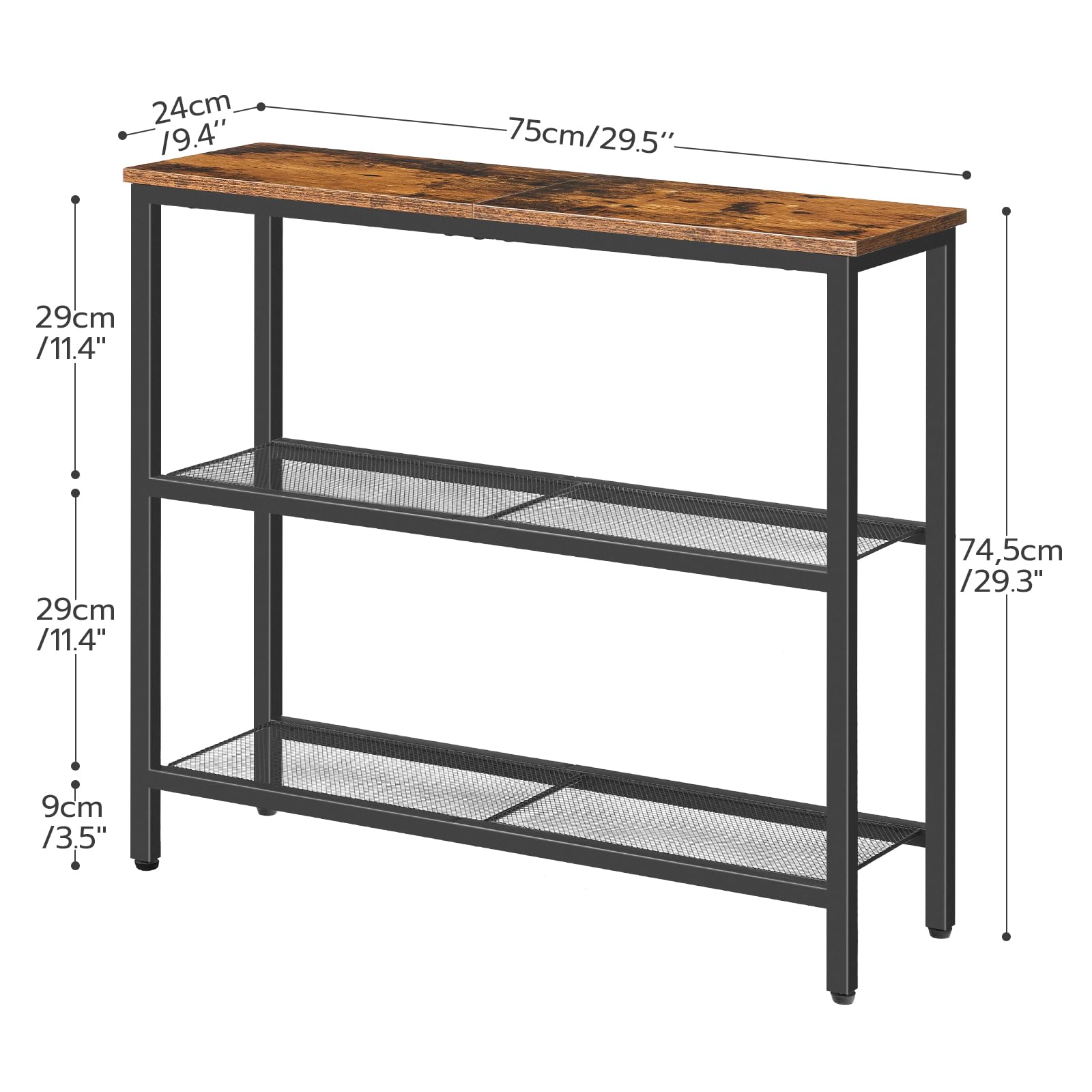 HOOBRO Console Table for Hallway Slim, Narrow Console Table, Hallway Table with 3 Shelves, Slim Sofa Table for Small Spaces, Living Room, Metal Mesh