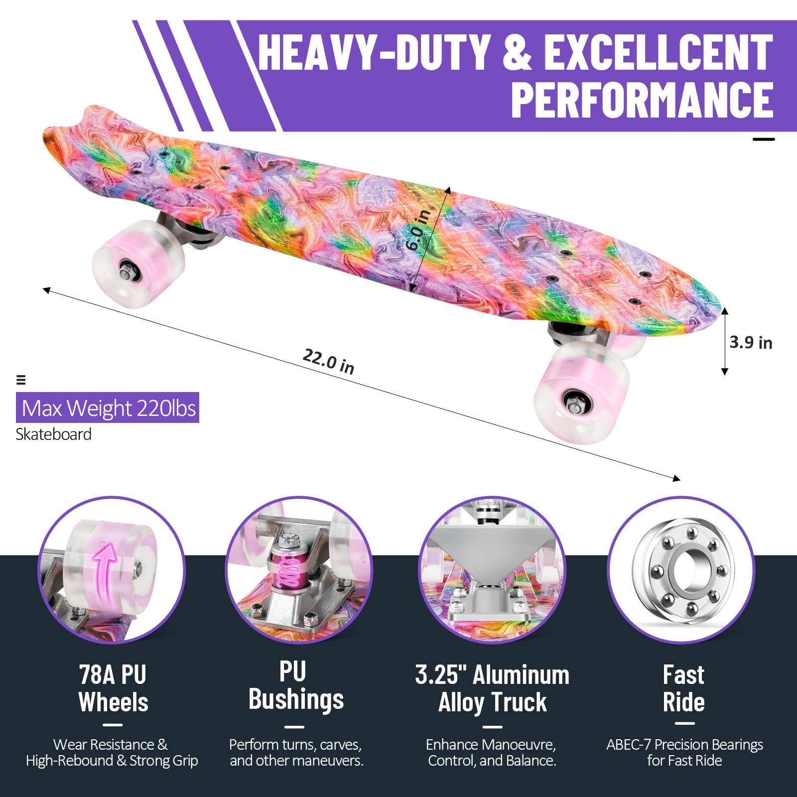 BELEEV 22 inch Skateboards for Kids, Cruiser Skateboard for Girls Boys Teens Adults Beginners, LED Light up Wheels, Mini Skateboards Classic Complete