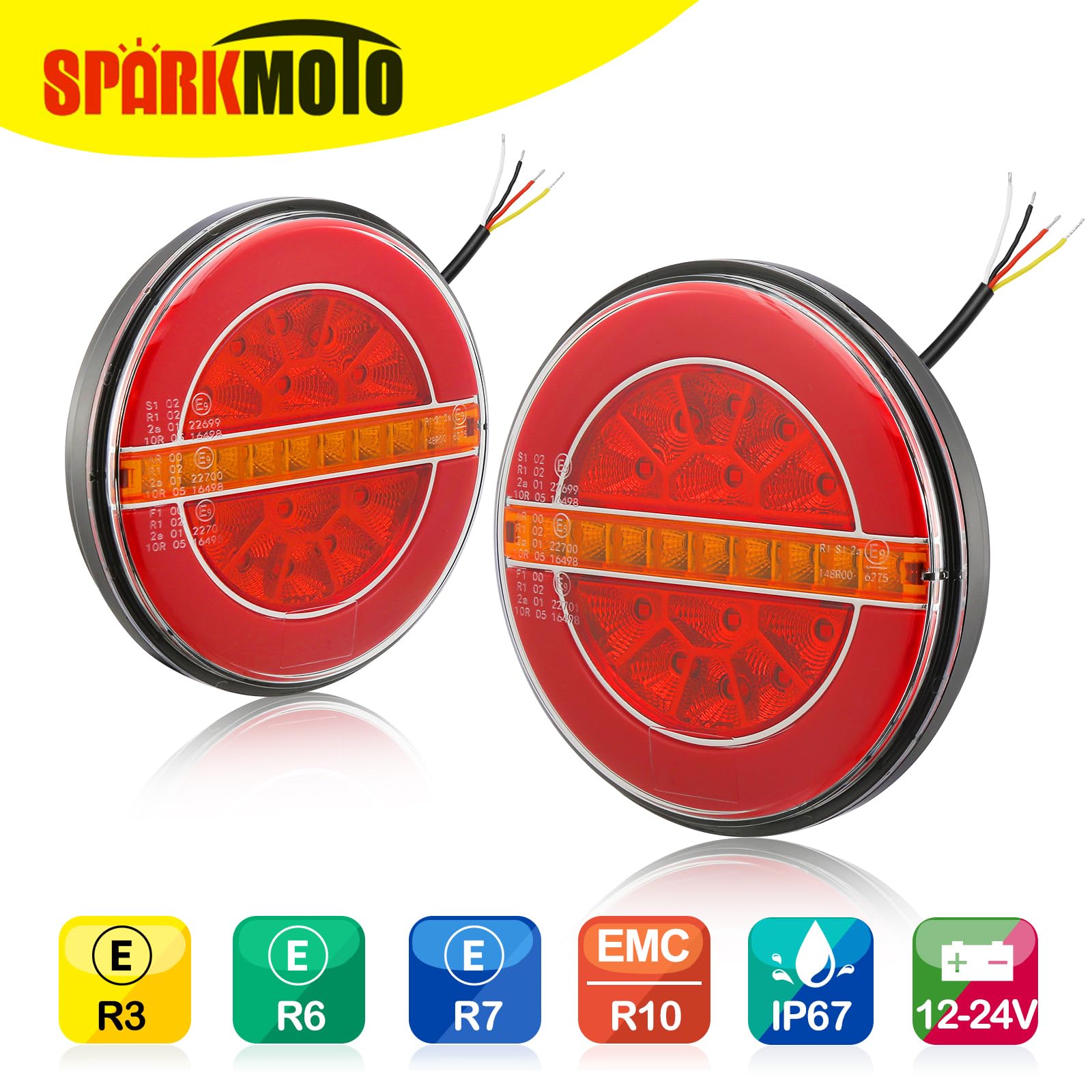 SPARKMOTO 2 x LED Trailer Lights Round,12V 24V Universal Led Trailer Tail Lights,Submersible Round Led Hamburger Lights For Truck Lorry Trailer