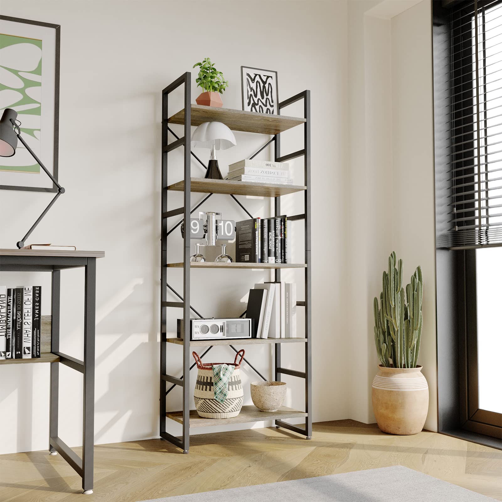 TREETALK 5 Tier Bookshelf, Standing Bookcase with 2 X-shape Frame,Adjustable Leg pads, Industrial Storage Rack for Office, Living Room (Grey)