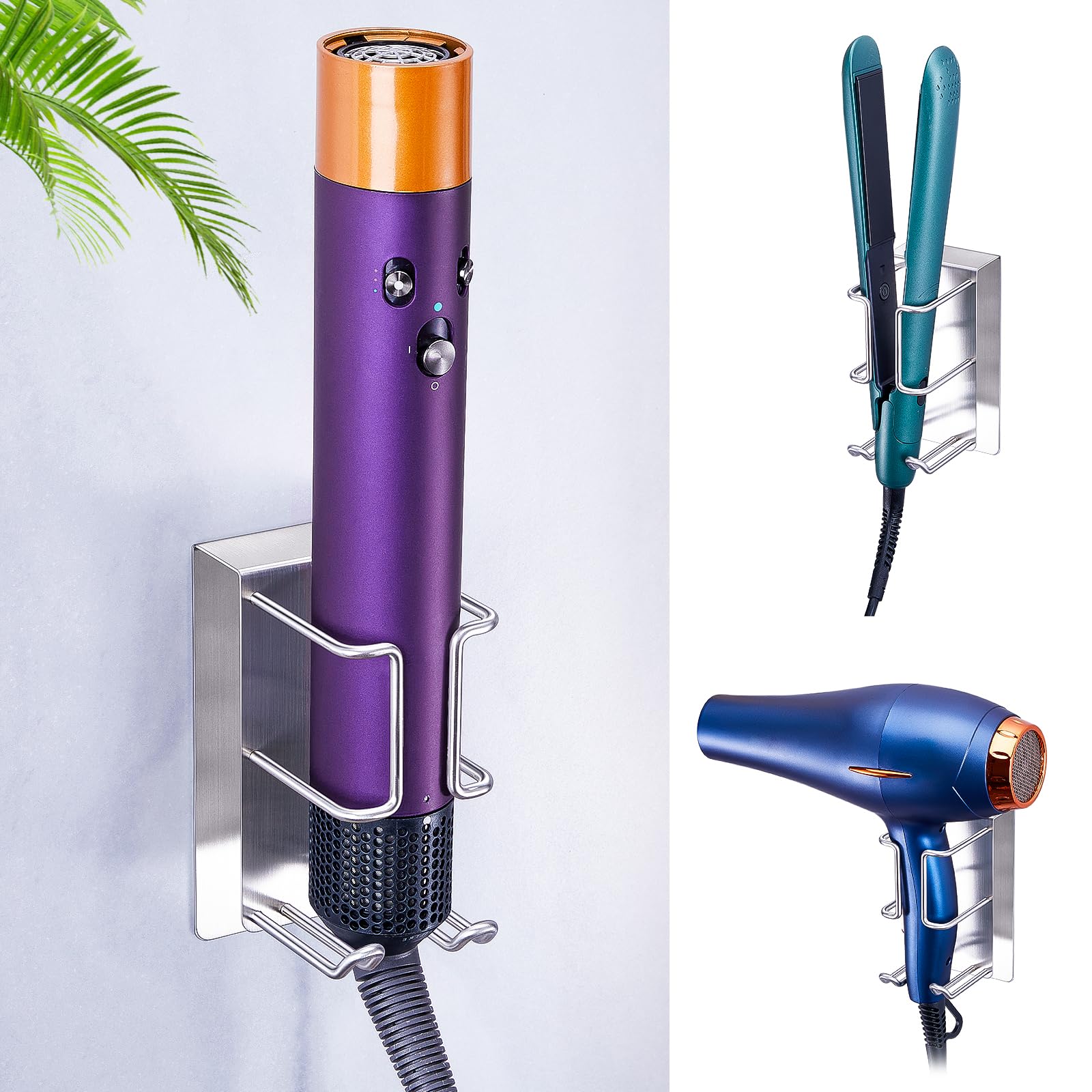 WAYASI Hair Dryer and Straightener Holder, Hairdryer Holder for Curling Iron Straightener, SUS304 Stainless Steel HairDryer Holders Self Adhesive Hair