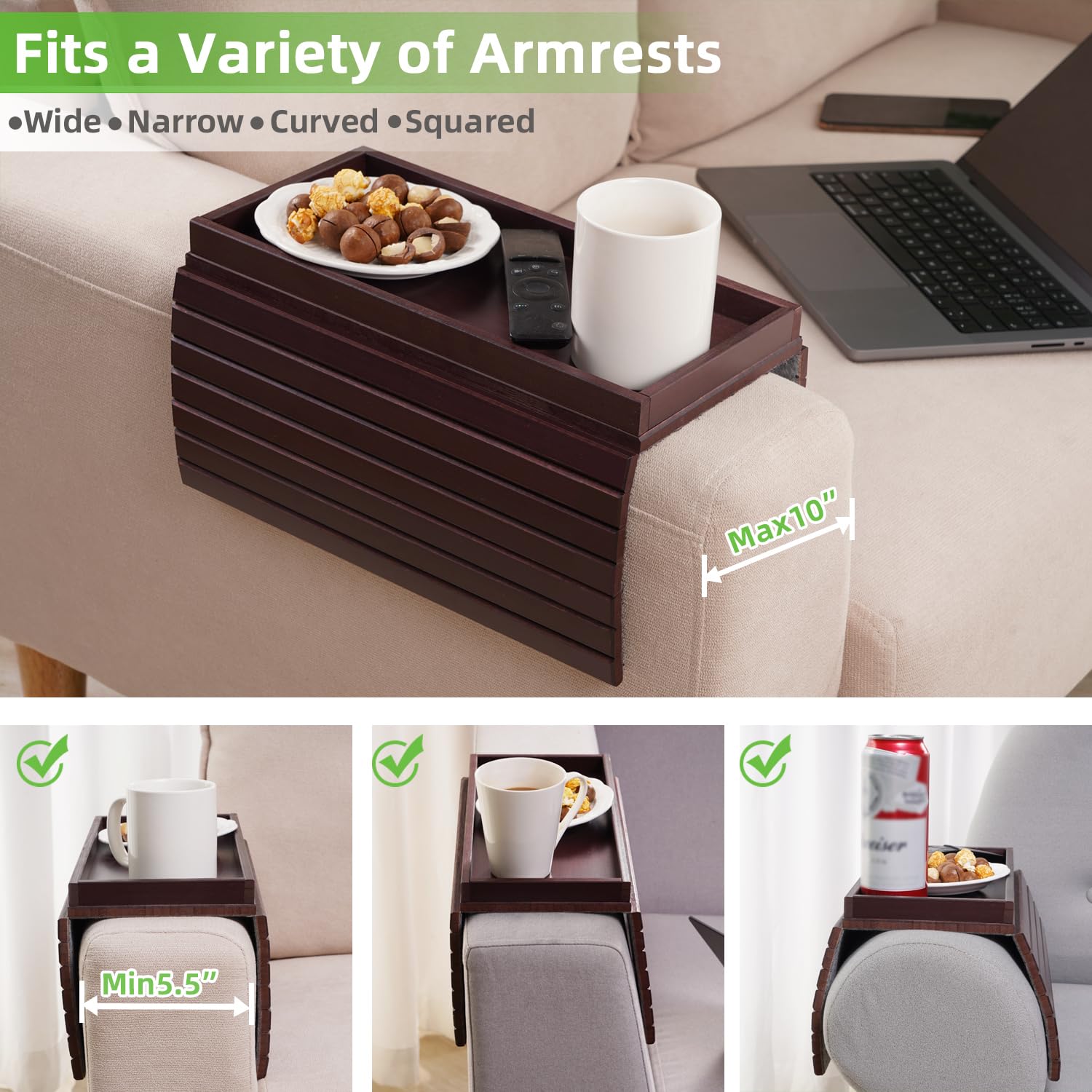 GEHE Natural Bamboo Sofa Arm Tray Table for Couch, Armrest Anti-Slip Cup Holder for Snacks, Phone, Control, Cups - Flexible, Foldable, Mahogany