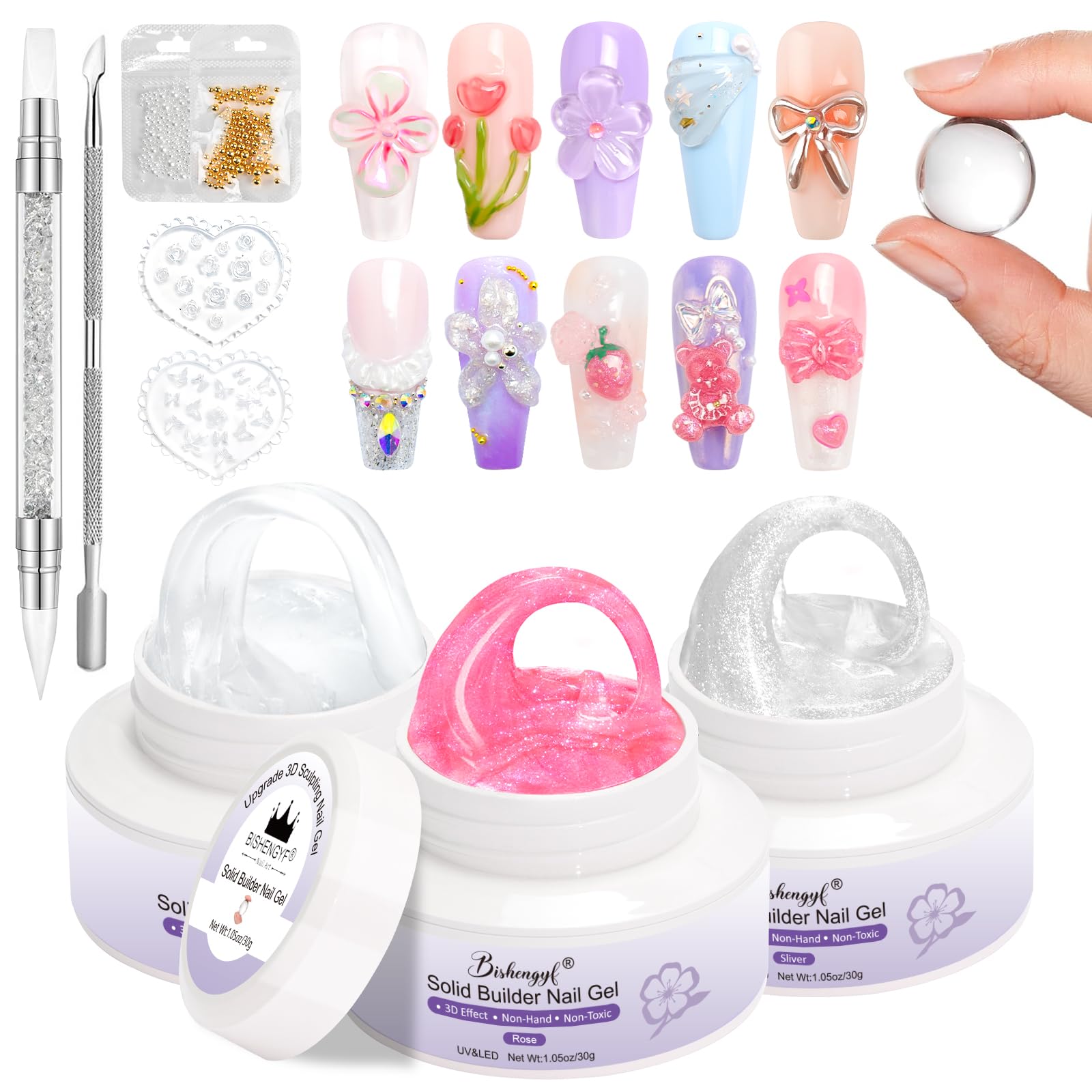 BISHENGYF 3d Sculpting Nail Gel,Large Capacity Clear 3d Gel,2pcs 30g Non-Sticky 3d Sculpting Solid Builder Ge l for Nails,Clear Carving Mermaid Pearl
