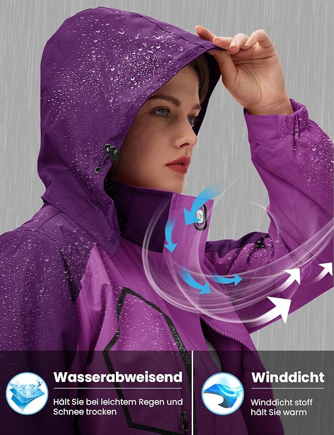 Women's Winter Ski Coat Jacket 3-in-1 Waterproof, Windproof, Warm, Purple Size S