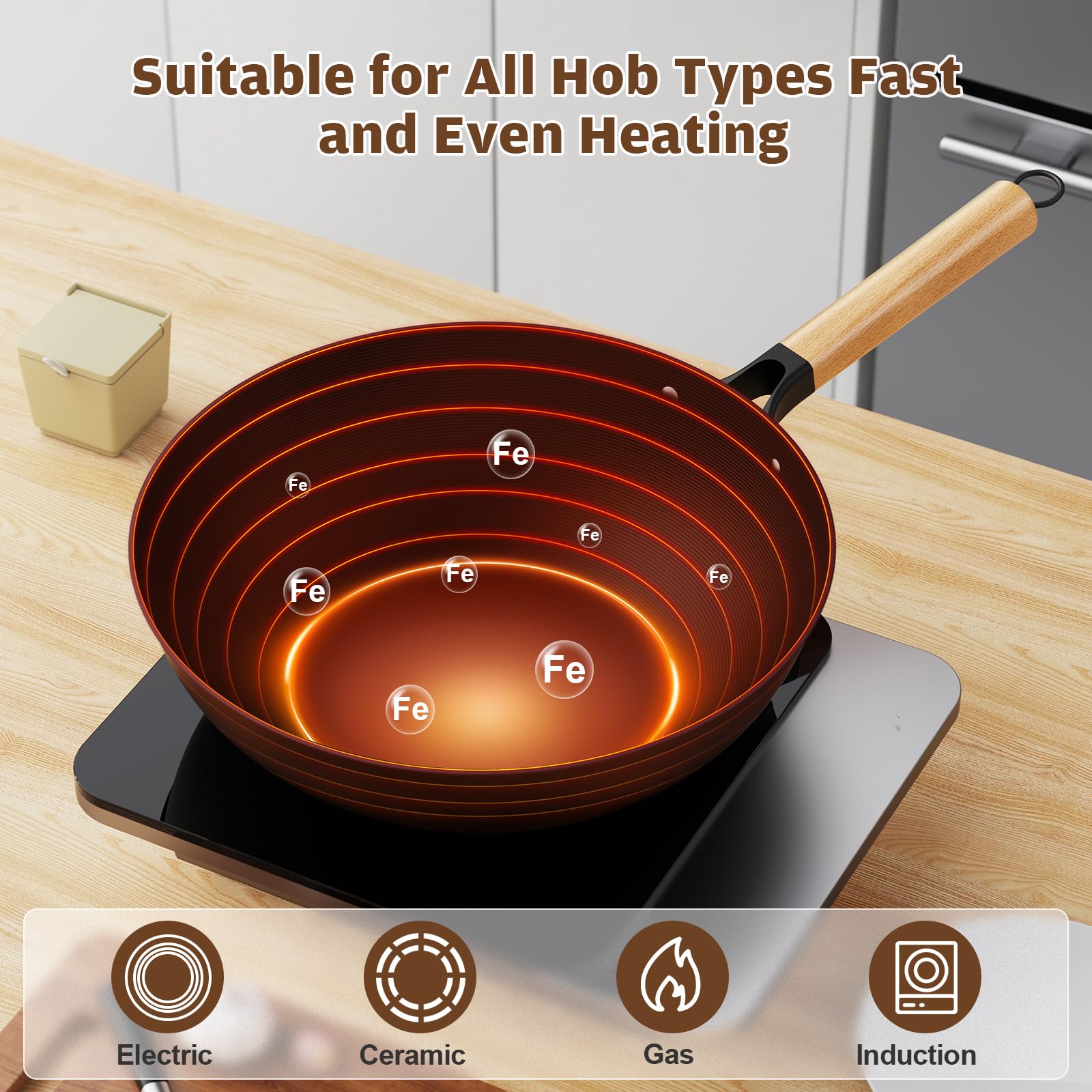 Jobin Wok with Lid Non Stick 30cm Carbon Steel Wok for Everyday Cooking Frying Pan Ideal for 3-5 People for Induction, Gas, All Hobs