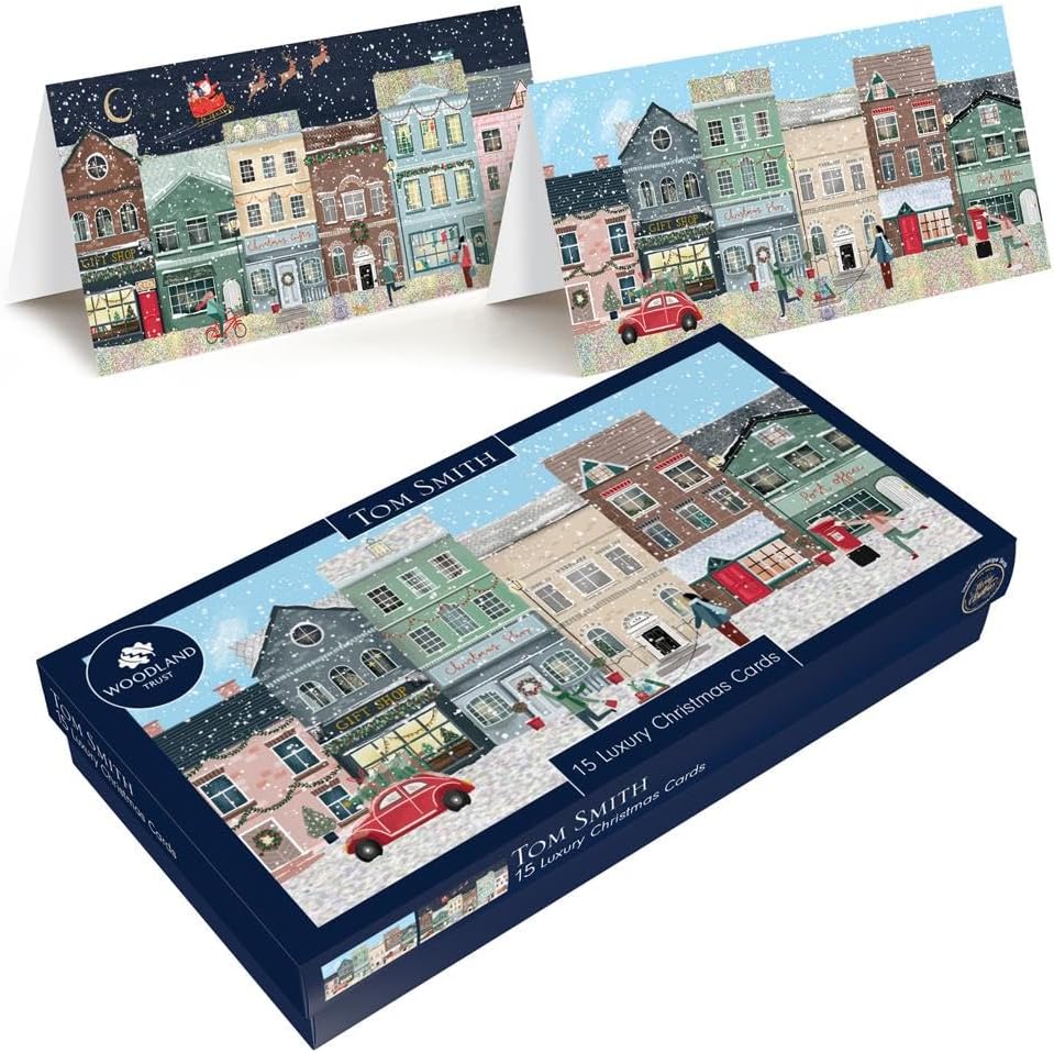 Tom Smith Boxed Christmas Cards Pack - 15 Luxury Xmas Cards with Envelopes and Seals - Slimline Festive Shopfront Designs - Recycled Eco Friendly Christmas...