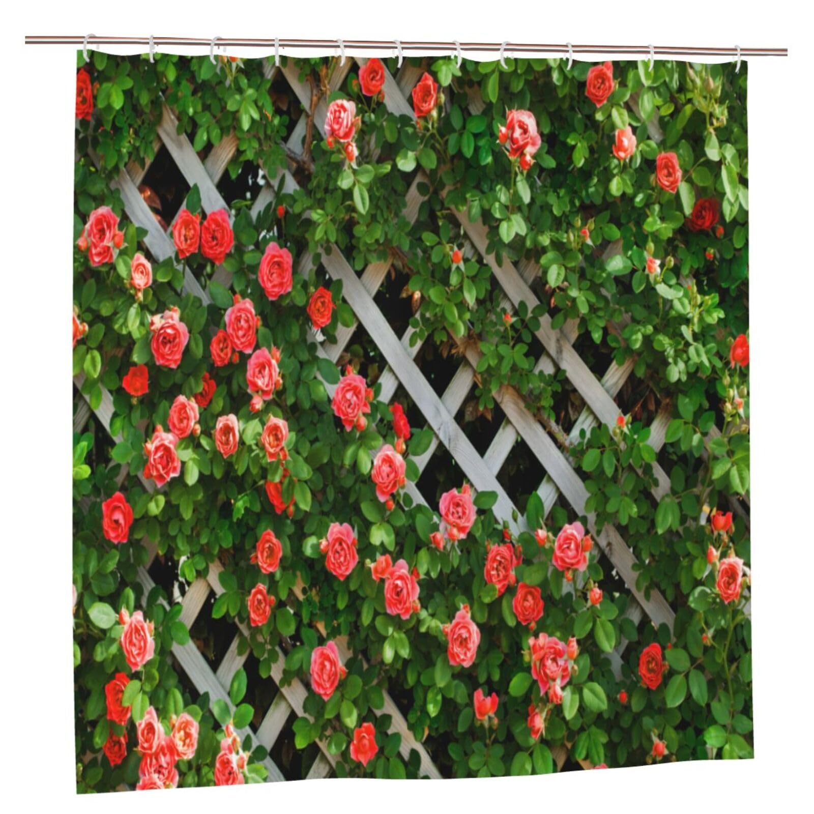 Spring Summer Outdoor Garden Shower Curtain, Rustic Decor Red Roses Flower on Fence, Waterproof Farmhouse Bath Curtain, Bathroom Decor Set with 12