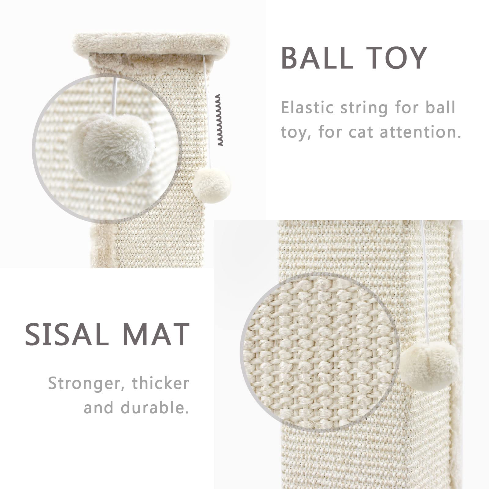 SONGWAY Tall Cat Scratching Post - Natural Sisal Cat Scratcher with Teasing Toy Ball and Covered with Soft Plush, Scratch Toy for Cats Kittens, Beige