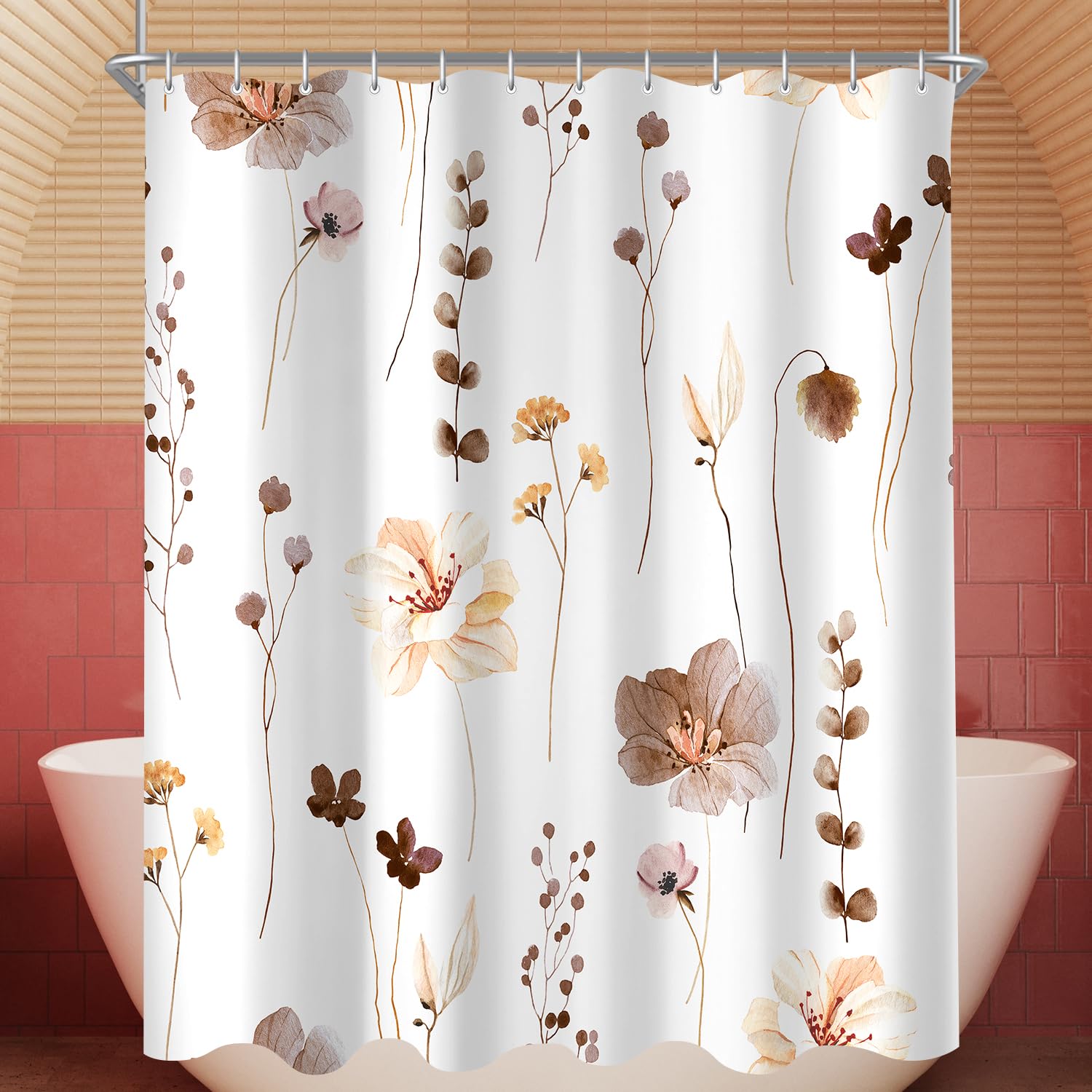 Lerores Shower Curtain, 200 x 200 cm, Brown Flower, Weighted Hem, Anti-Mould, Water-Repellent, Washable Polyester Bath Curtains with 12 Eyelets and