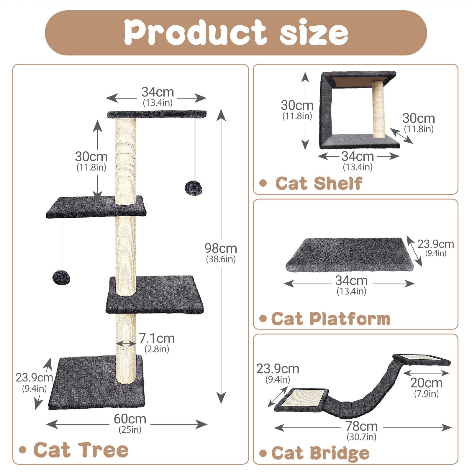 MASTERTOP Cat Climbing Frame Set, 4 in 1 Stable Cat Wall Furniture Set, Cat Tree for Indoor, Cats Wall Shelves with Cats Scratching Posts, Steps, Play