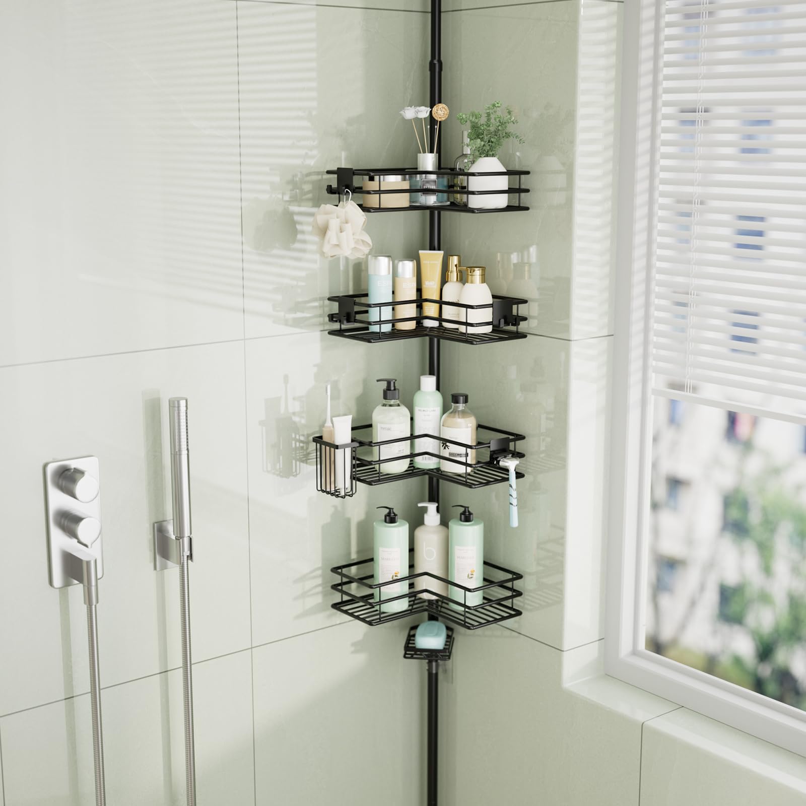 HapiRm Telescopic Shower Caddy Corner - Tension Bathroom Corner Shelves with Soap Holder, Toothbrush Holder and 4 Hooks, Height Adjustable Stainless