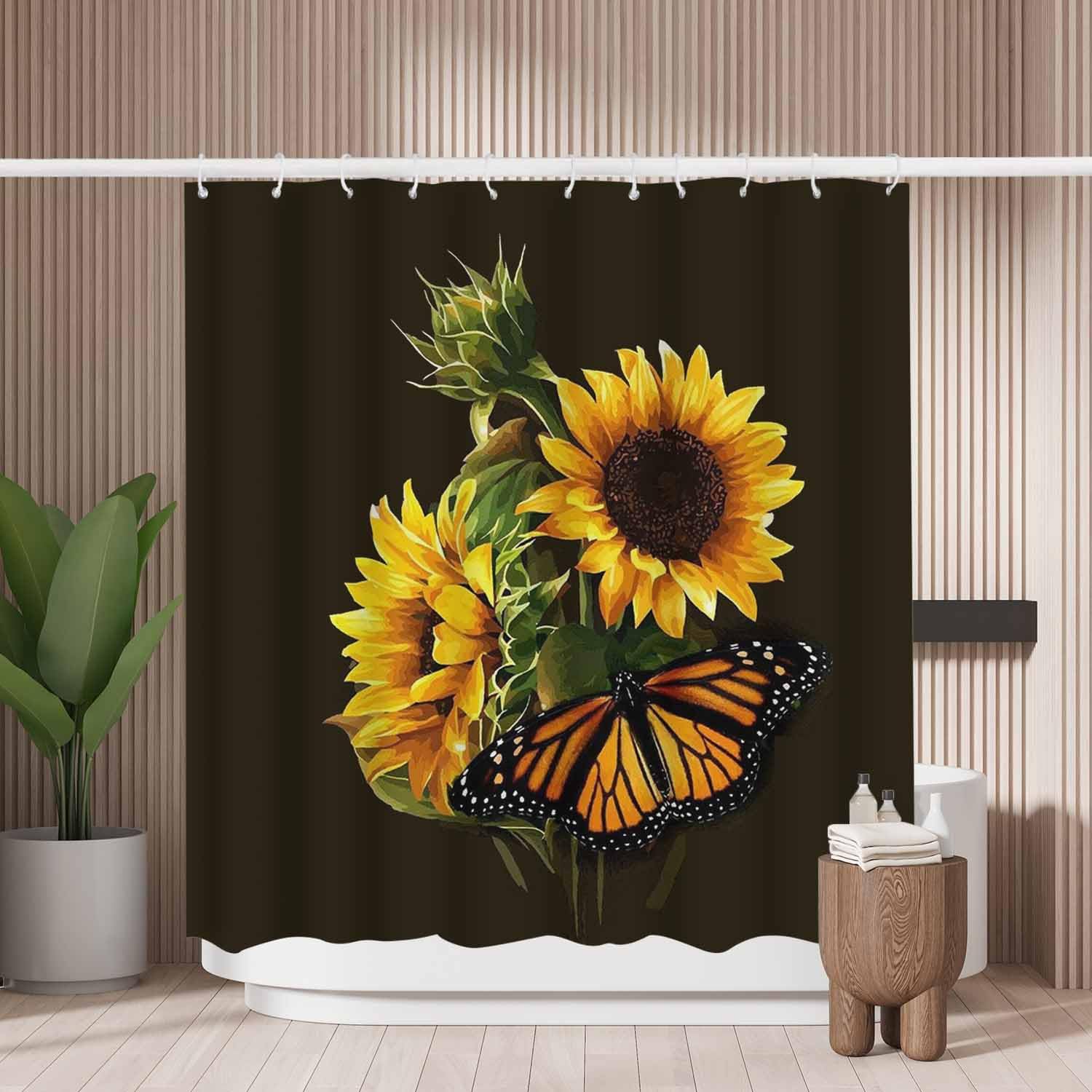 Woutay Shower Curtain Water Repellant Fabric Yellow Sunflower and Butterfly,Mould Proof Resistant,Polyester,with 12 Plastic Hooks