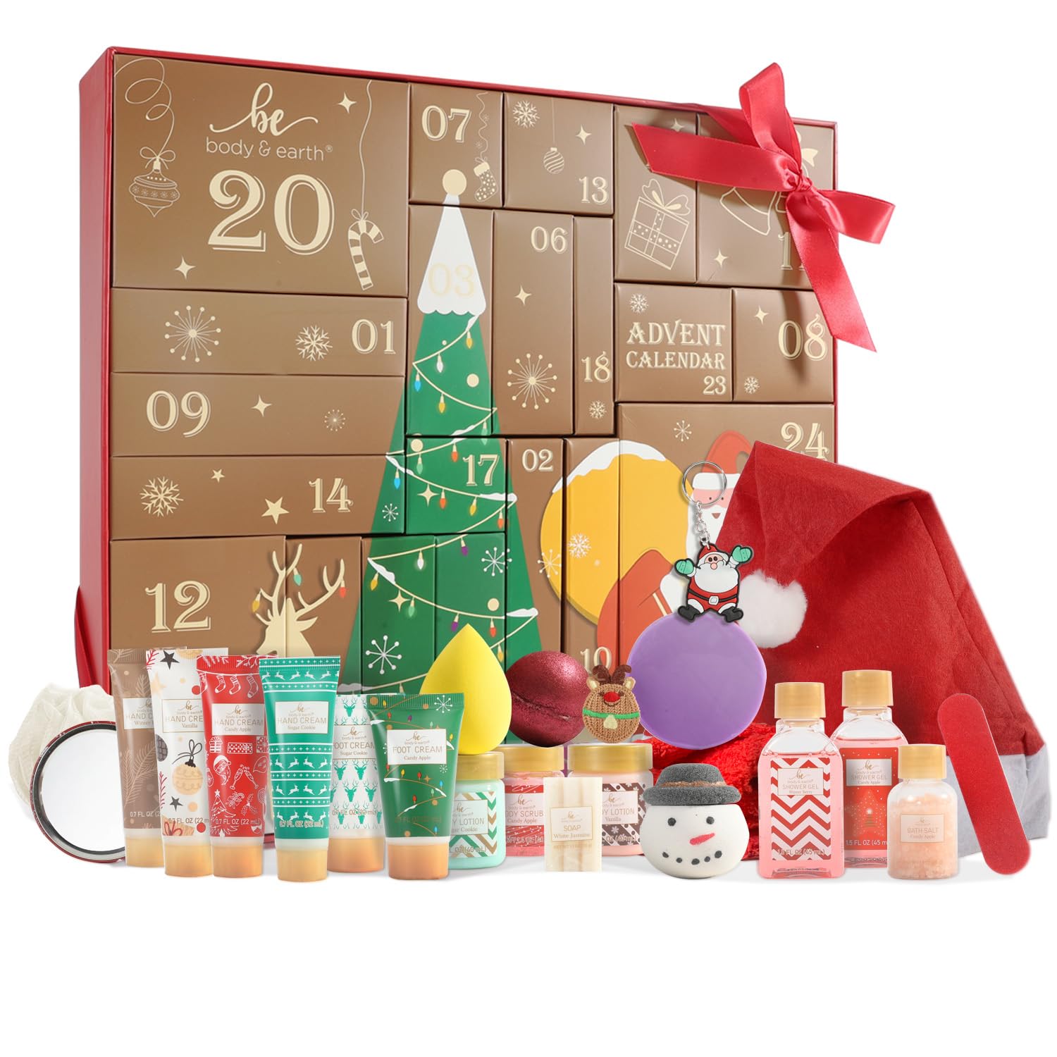 Advent Calendar 2025 Women Gifts, 24pcs Bath Sets for Christmas with Santa Hat, Shower Gel, Hand Cream, Christmas Decorations etc, Xmas Gift Idea for