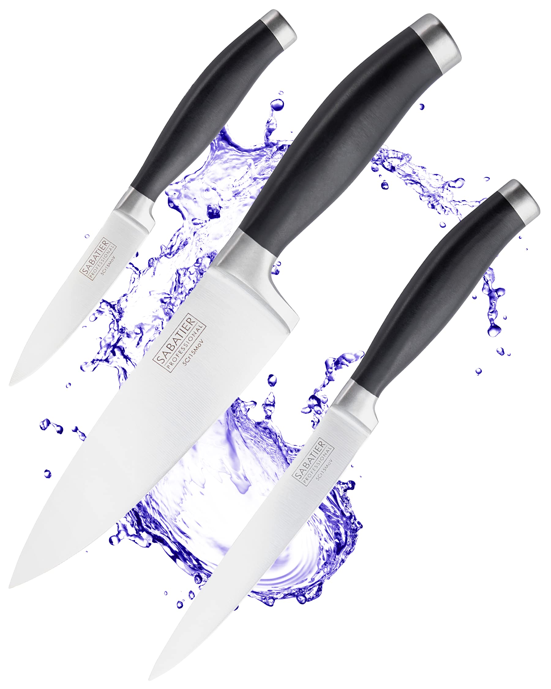 Sabatier 3-Piece Kitchen Knife Set ? Chef, All-Purpose, and Paring Knives with Stainless Steel Blades and Matt Black Handles