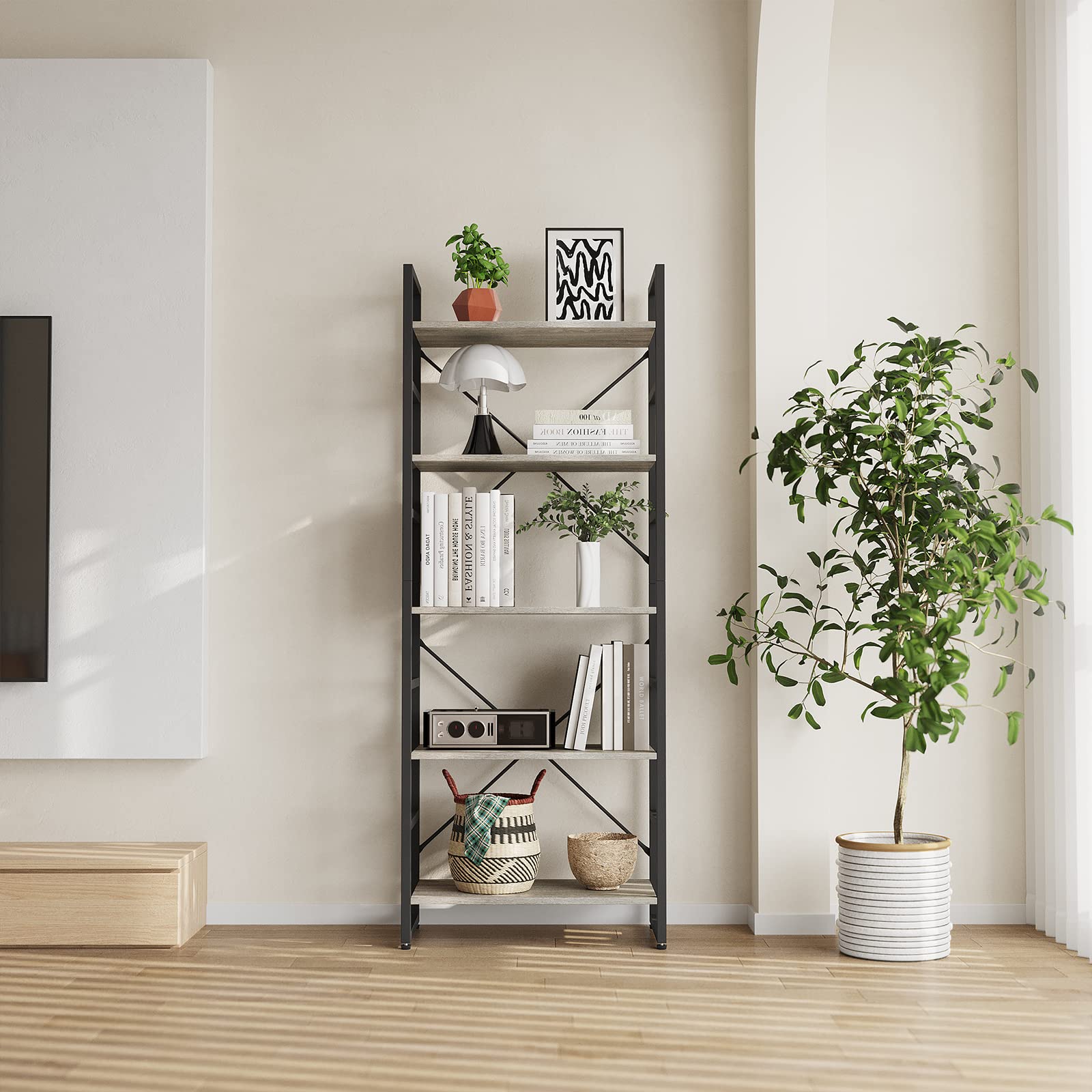 TREETALK 5 Tier Bookshelf, Standing Bookcase with 2 X-shape Frame,Adjustable Leg pads, Industrial Storage Rack for Office, Living Room (Grey)