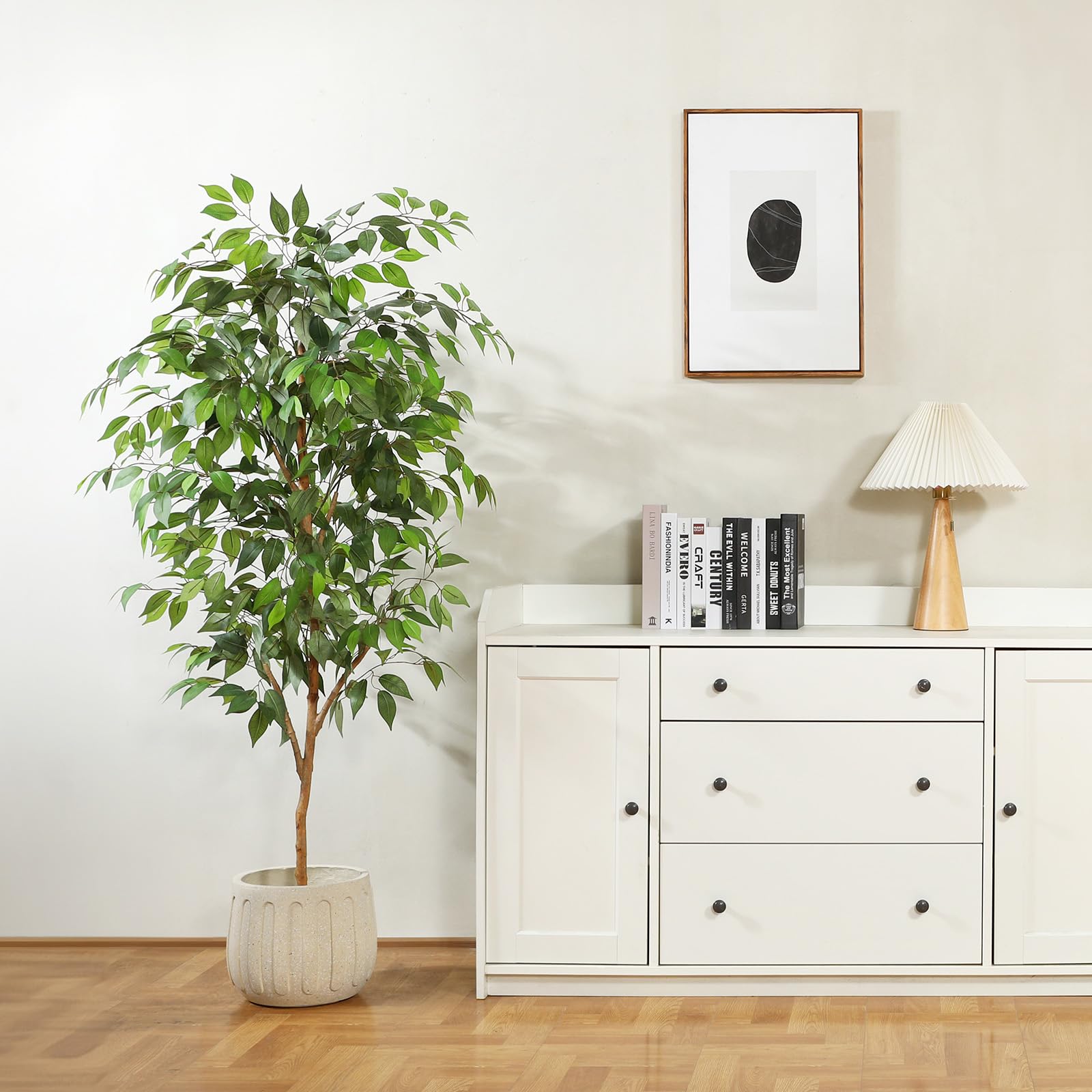 Fopamtri Artificial Ficus Plant 150 cm Large Fake Plants Indoor with Natural Wood Trunk, Fake Potted Ficus Tree for Home Bedroom Office Balcony Garden