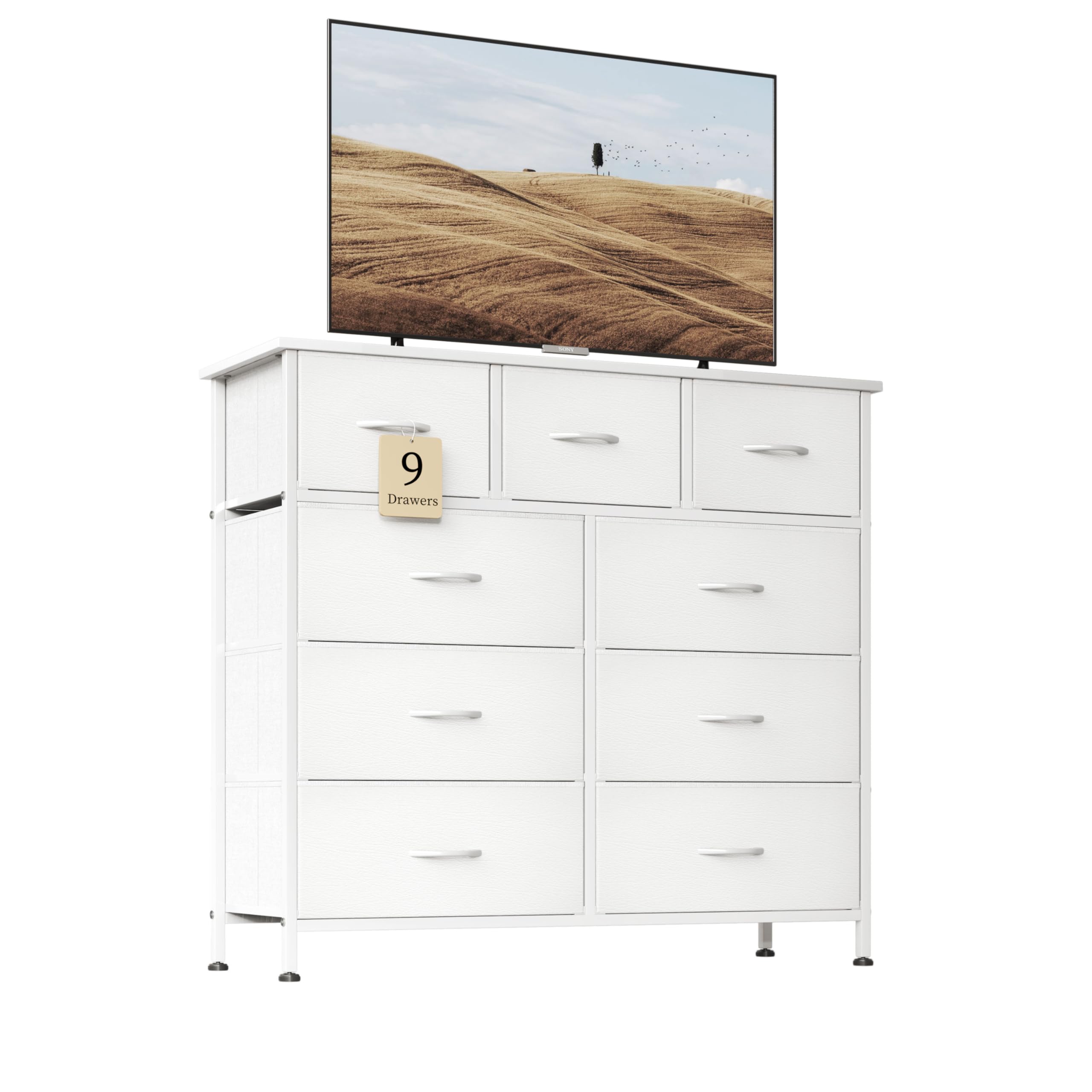 Flrrtenv Chest of Drawer with 9 Drawers, Modern Bedroom Cabinte, 9 Fabric Drawers with Wooden Top, Sturdy Metal Frame, Tall White Hallway Storage Unit