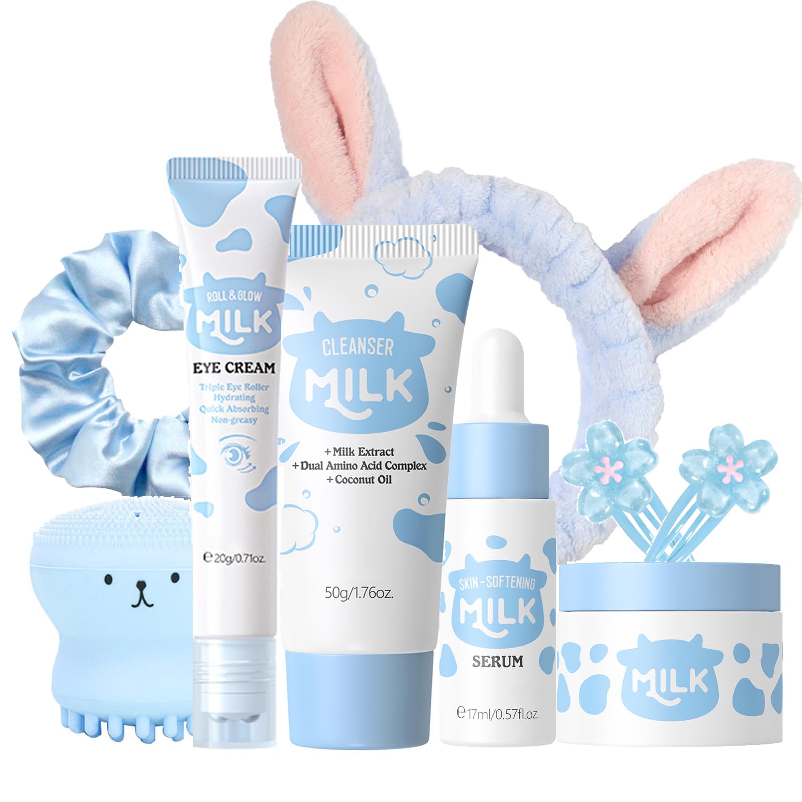 9PCS Milk Skin Care Sets & Kits for Teenage Girls-Moisturizing and Hydrating Skincare Sets- Facial Cleansing Brush & Cleanser, Serum, Face & Eye