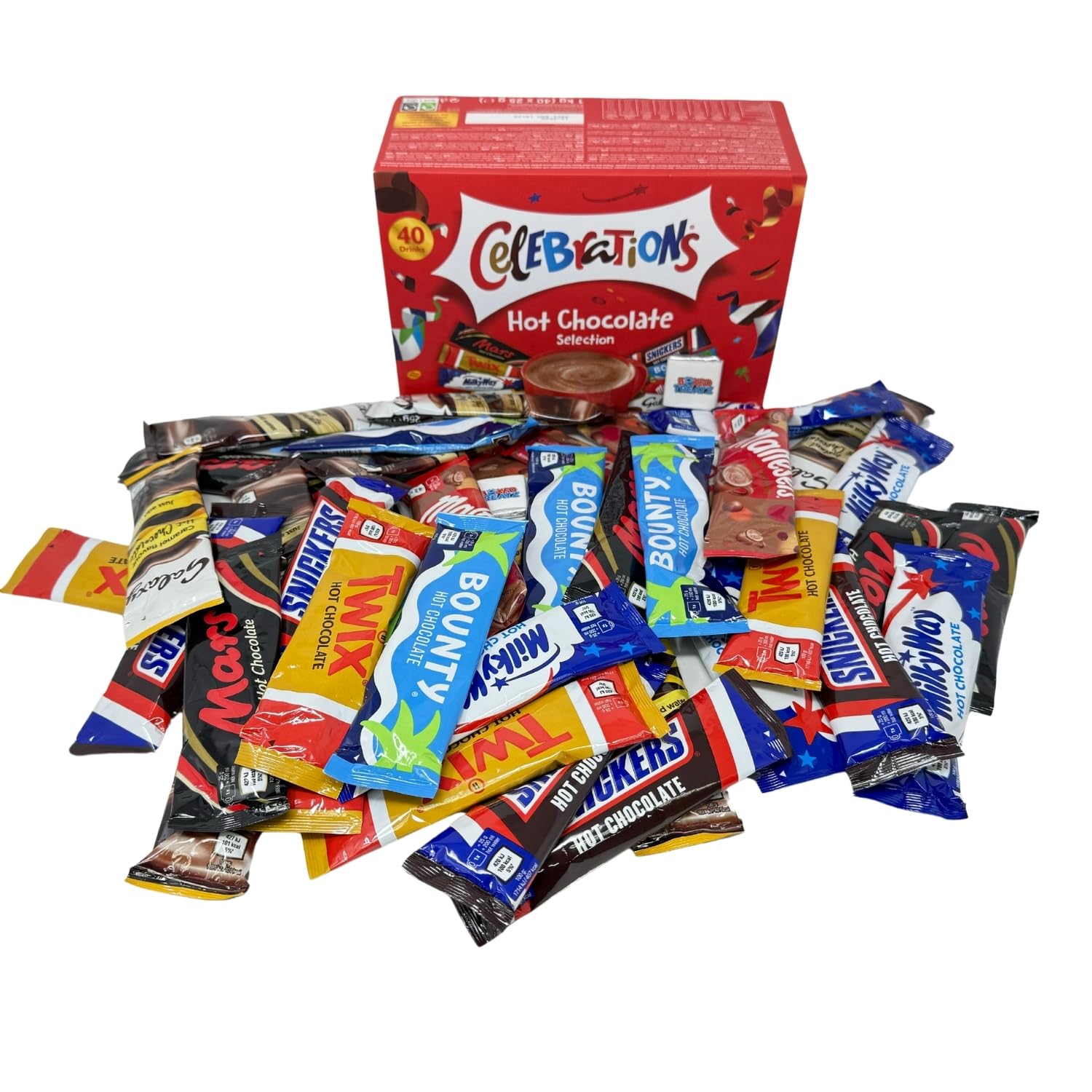 Celebrations Hot Chocolate Gift Box Set, 40 Individual Sachets (25g Each), 8 Flavours with Neapolitan Chocolate, Christmas Hamper Collection Boxed