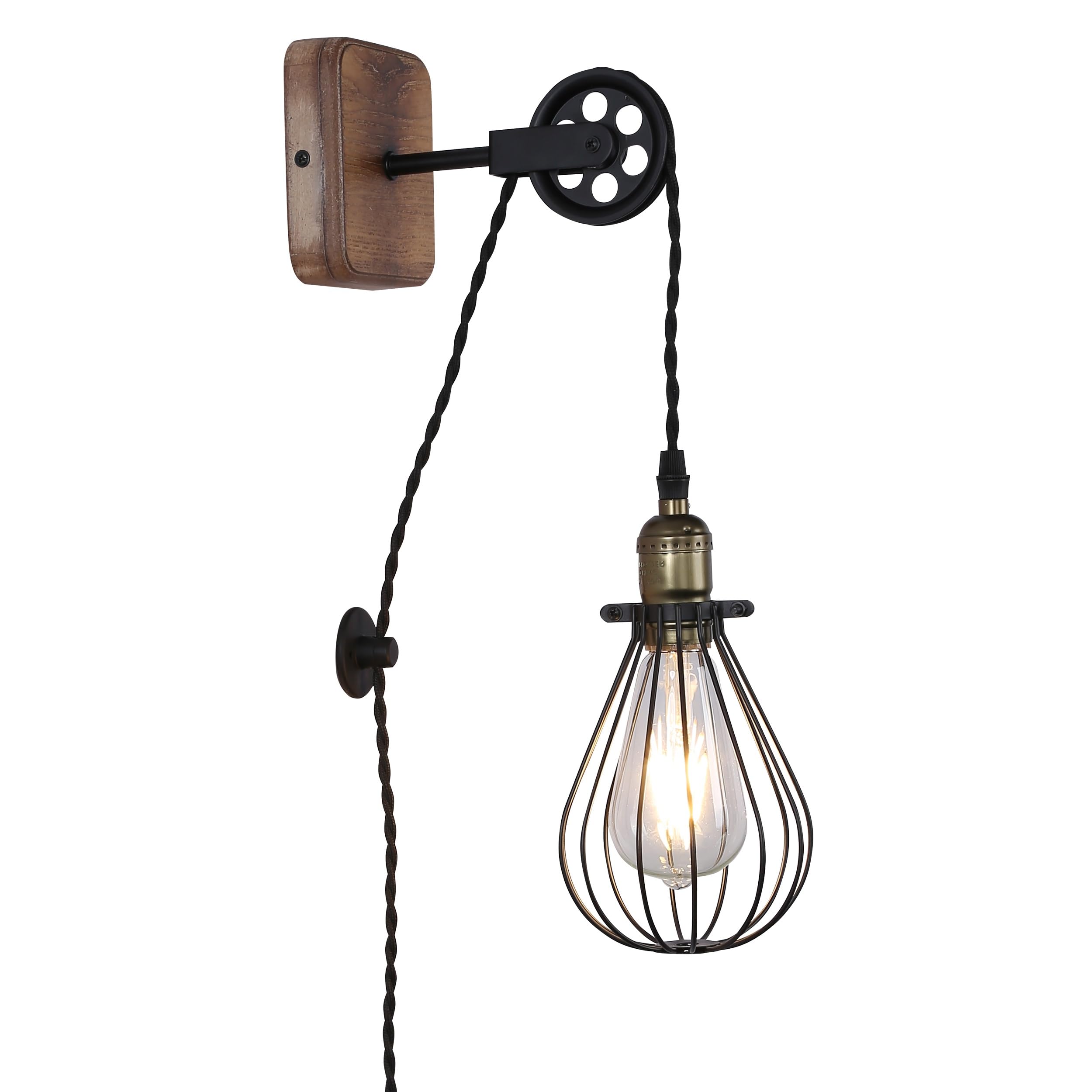 SUNLLOK Modern Industrial Rustic Plug in Cage Wall Lamp - Vintage Lift Pipe Pulley Wall Light with Switch - Retro Pendant Lamp Adjustable Wall Sconce