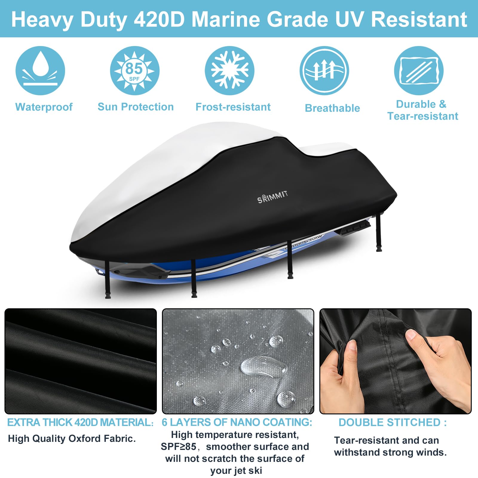Boat Cover,Trailerable Jet Ski Cover 3 Seats,Heavy Duty 420D Oxford Fabric Motor Boat Cover Waterproof Marine Grade Anti-UV with 2 Air Vents and 4