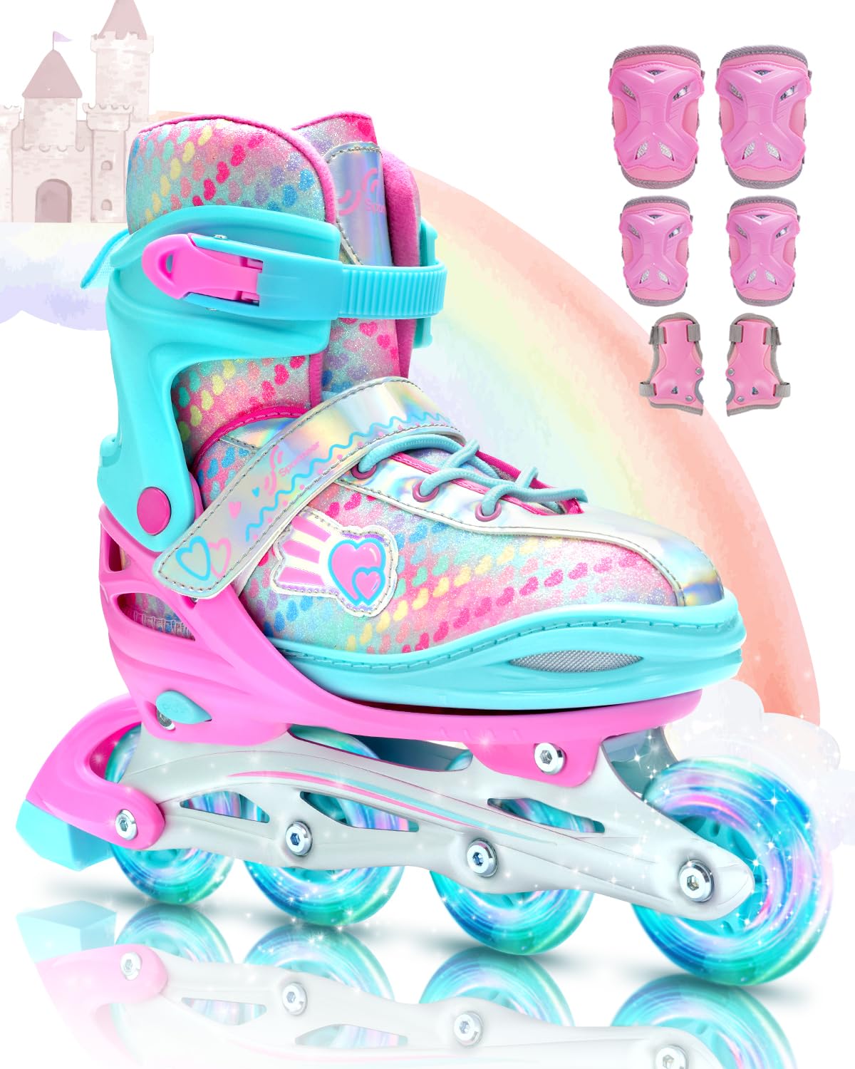 Sportneer Inline Skates for Children 30-41 Adjustable Inline Skates with 6 Protectors Set for Children Girls Women 8 LED Inline Skates Children