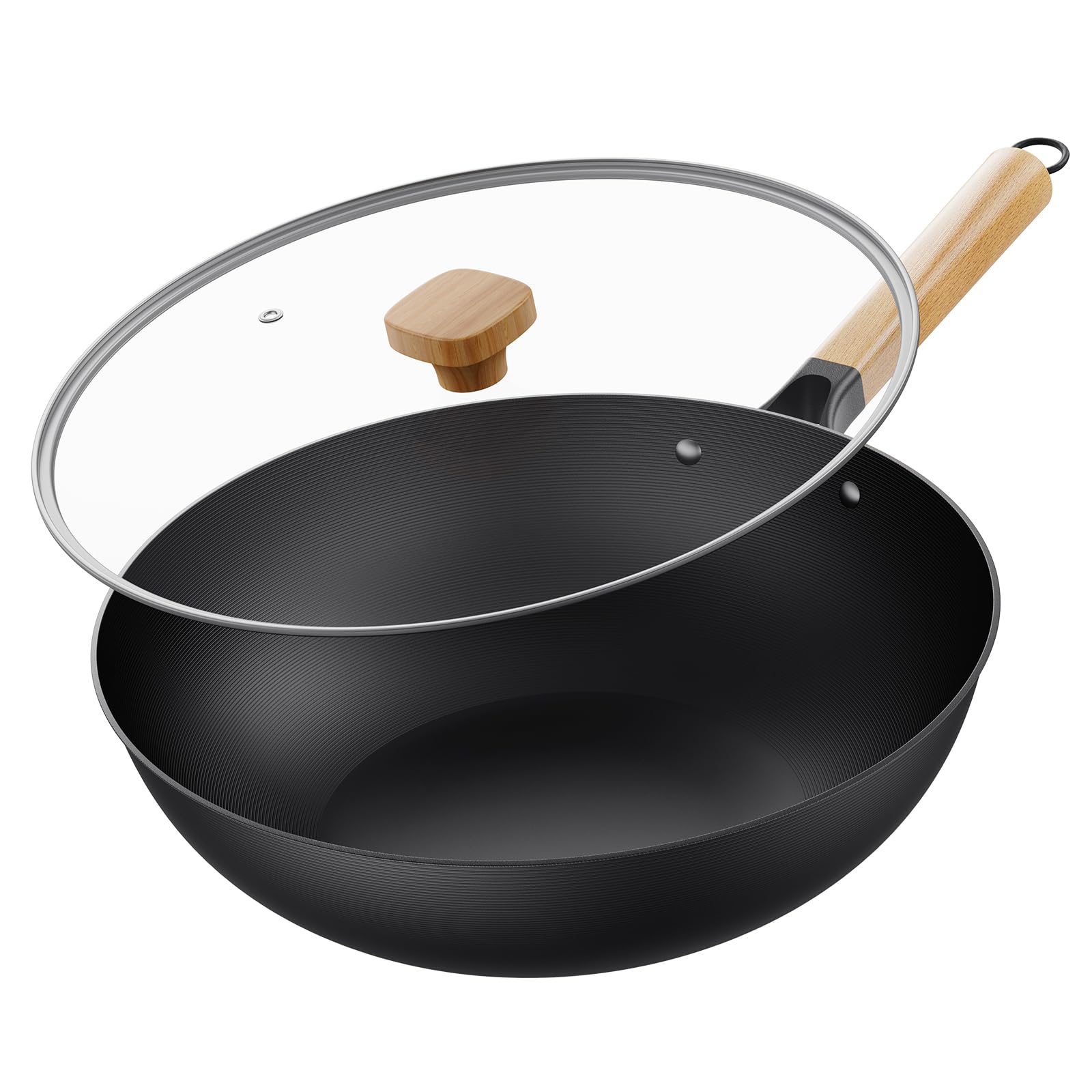 Jobin Wok with Lid Non Stick 30cm Carbon Steel Wok for Everyday Cooking Frying Pan Ideal for 3-5 People for Induction, Gas, All Hobs
