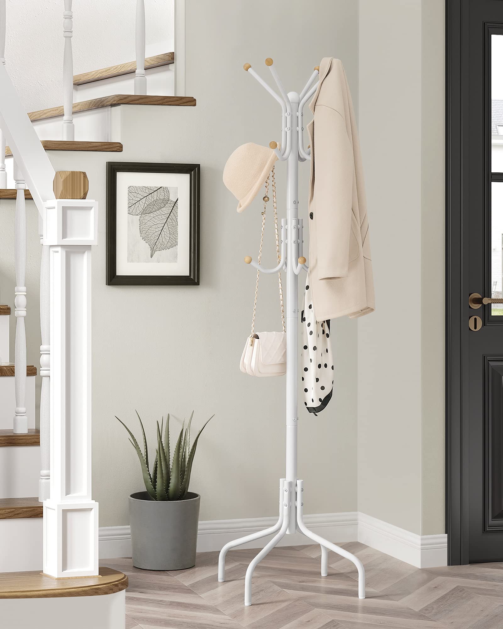 SONGMICS Coat Stand, Metal Coat Rack with 12 Hooks, 4 Legs, Hang Coats, Jackets, Hats, Bags, for Hallway Bedroom Office, White RCR031W01