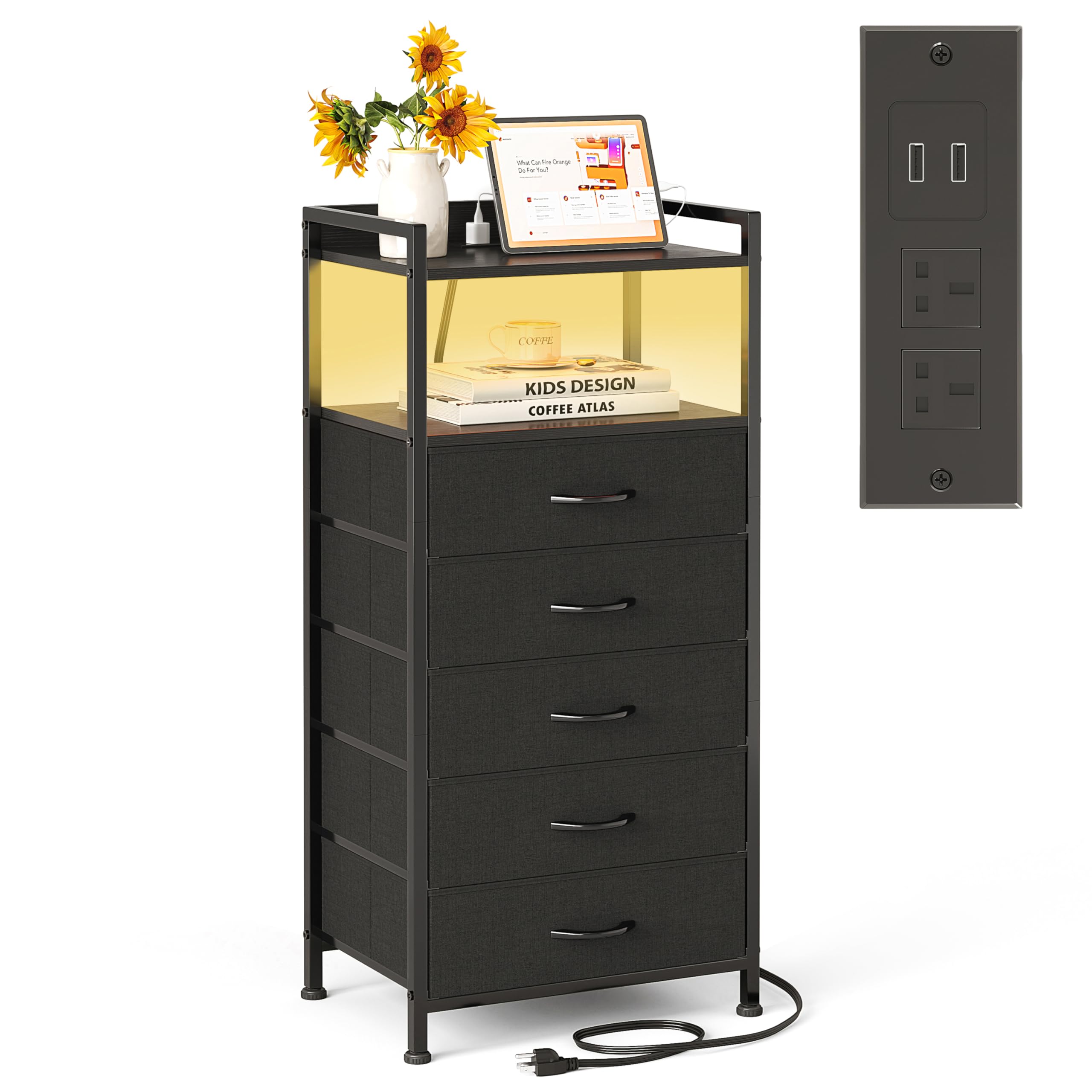 MUTUN Bedside Table with Charging Station and LED Lights, Tall Dresser Nightstand with 5 Drawers Sofa Side Table,Open Storge Shelf 2 Outlet & USB &
