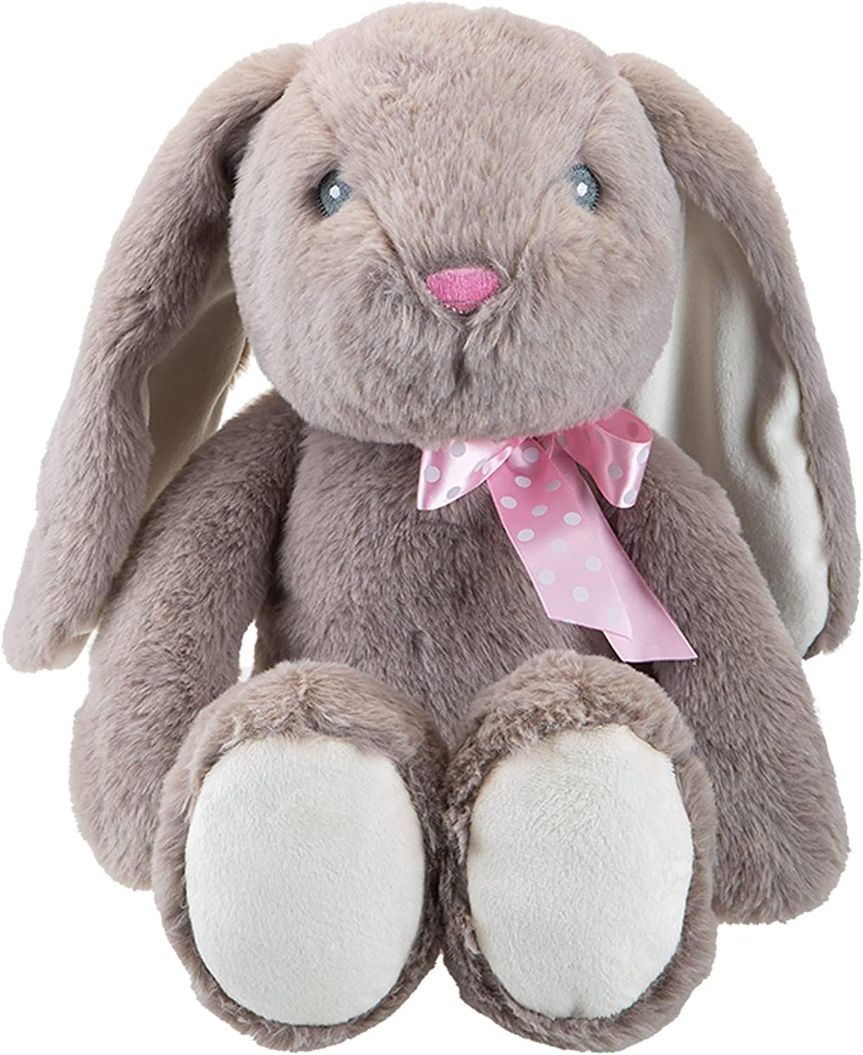 Grey Rabbit Plush With Pink Spotty Ribbon Bow - Super Soft Sitting Floppy Ears Embroidered Details Pippin