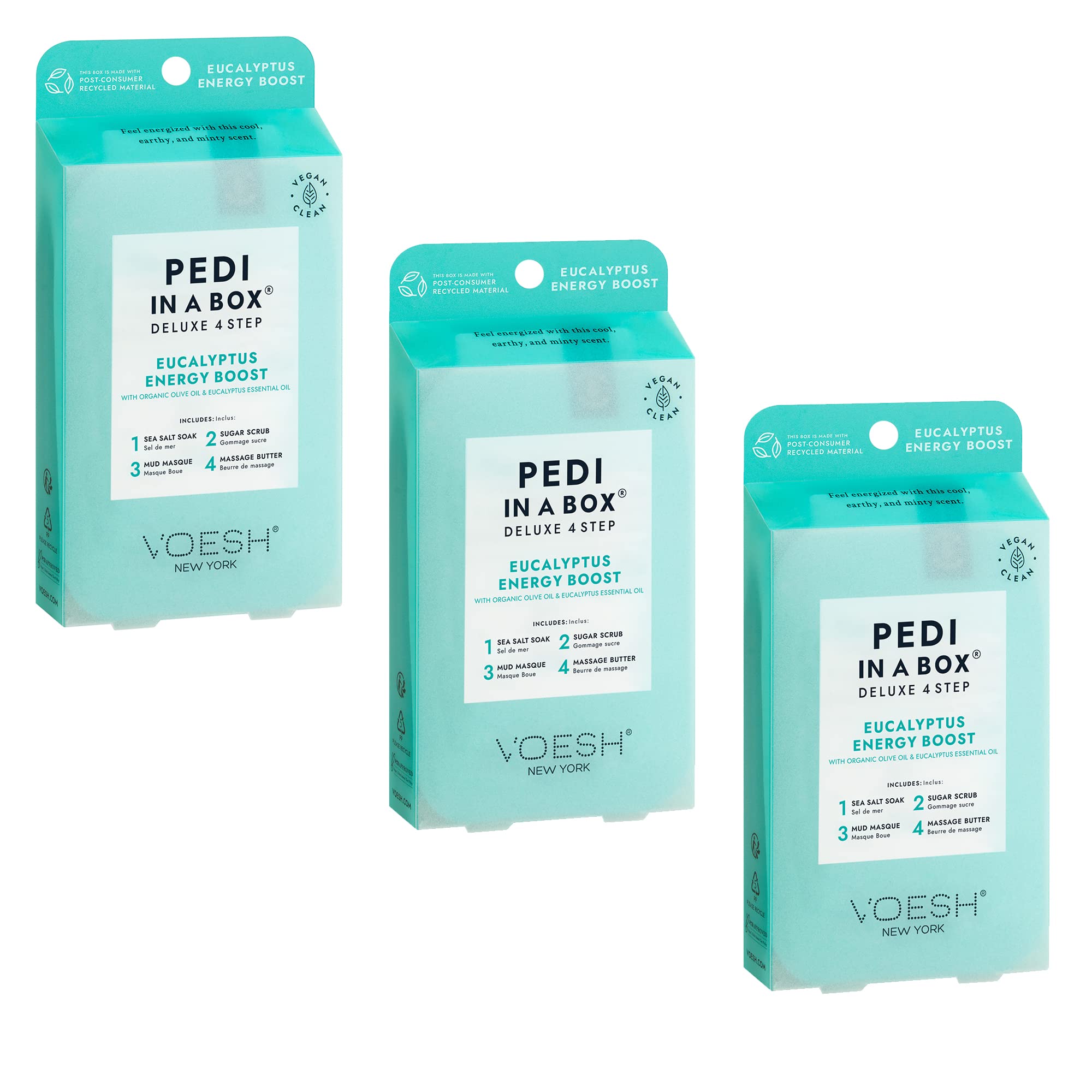 VOESH Pedi in a Box 4 Step Eucalyptus Energy Boost - 3 Pack, Pedicure Set, At-Home Pedicure, Spa Pedicure, Foot Soak, Foot Scrub, Pedicure Foot Spa