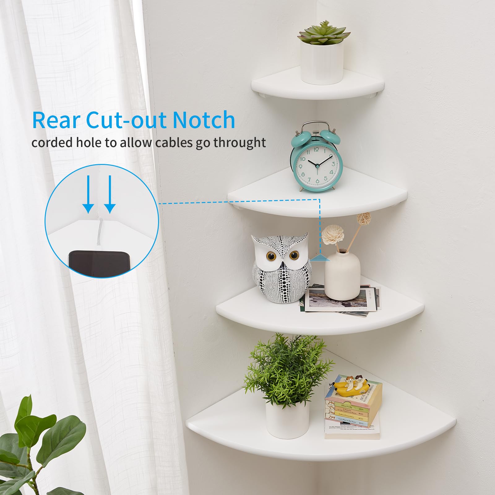 GIEANOO Corner Shelf, Solid Oak Wood White Floating Corner Shelf Wall Mount 16inch Round End Floating Speaker Shelf With Wire Hole Shelf for Bedroom